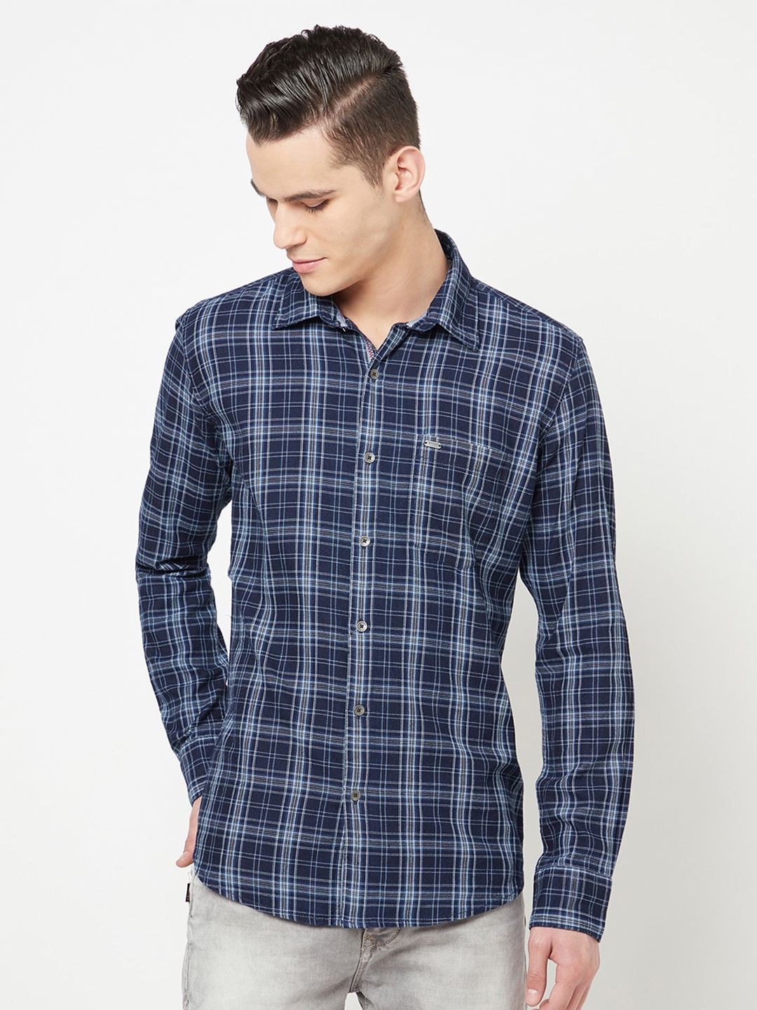 

Crimsoune Club Men Navy Blue Slim Fit Tartan Checked Pure Cotton Casual Shirt