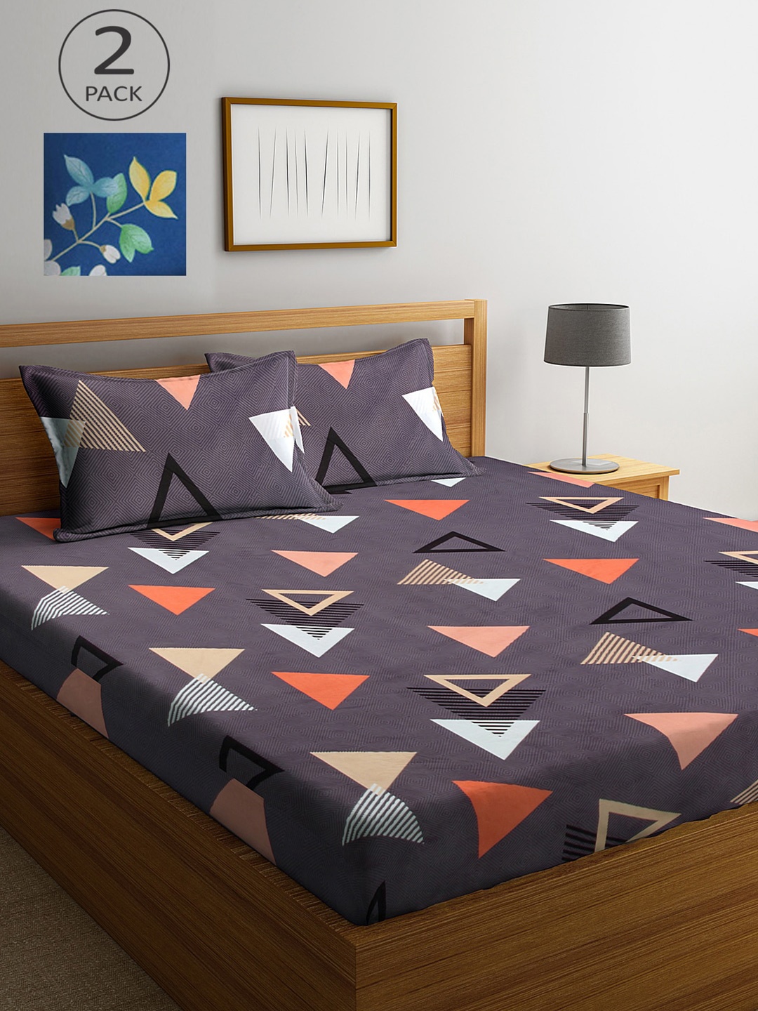 

KLOTTHE Set Of 2 Grey & Blue Geometric 210 TC King Bedsheet with 4 Pillow Covers