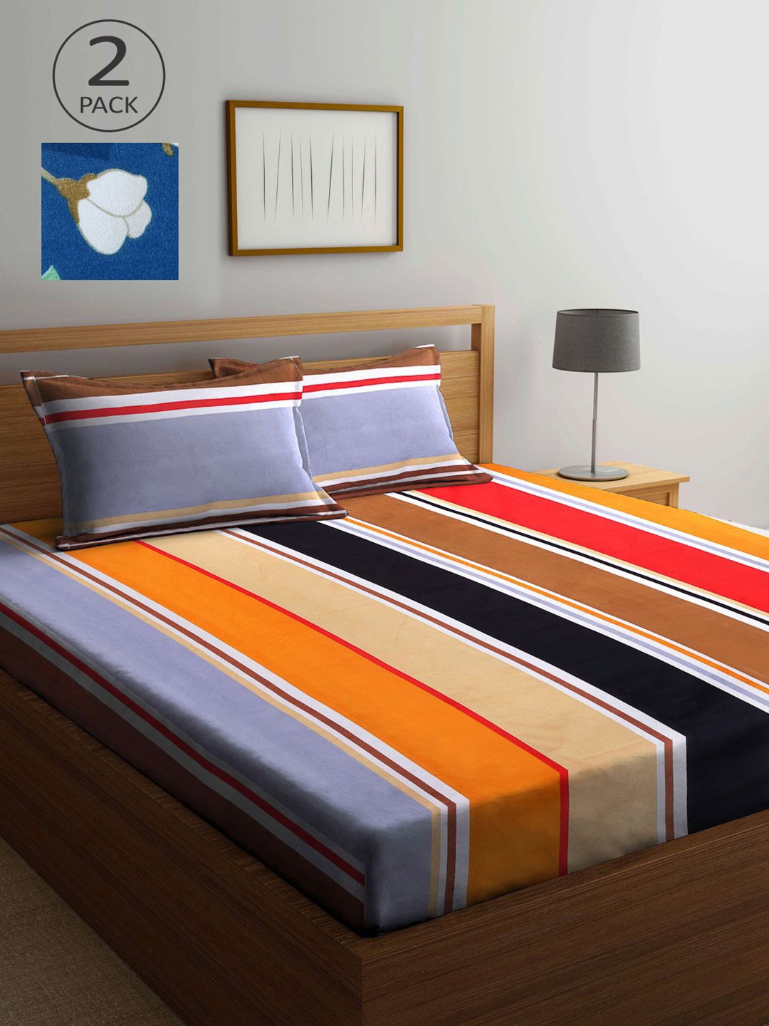 

KLOTTHE Multi Color Striped & Floral 210 TC 2 King Bedsheets with 4 Pillow Covers