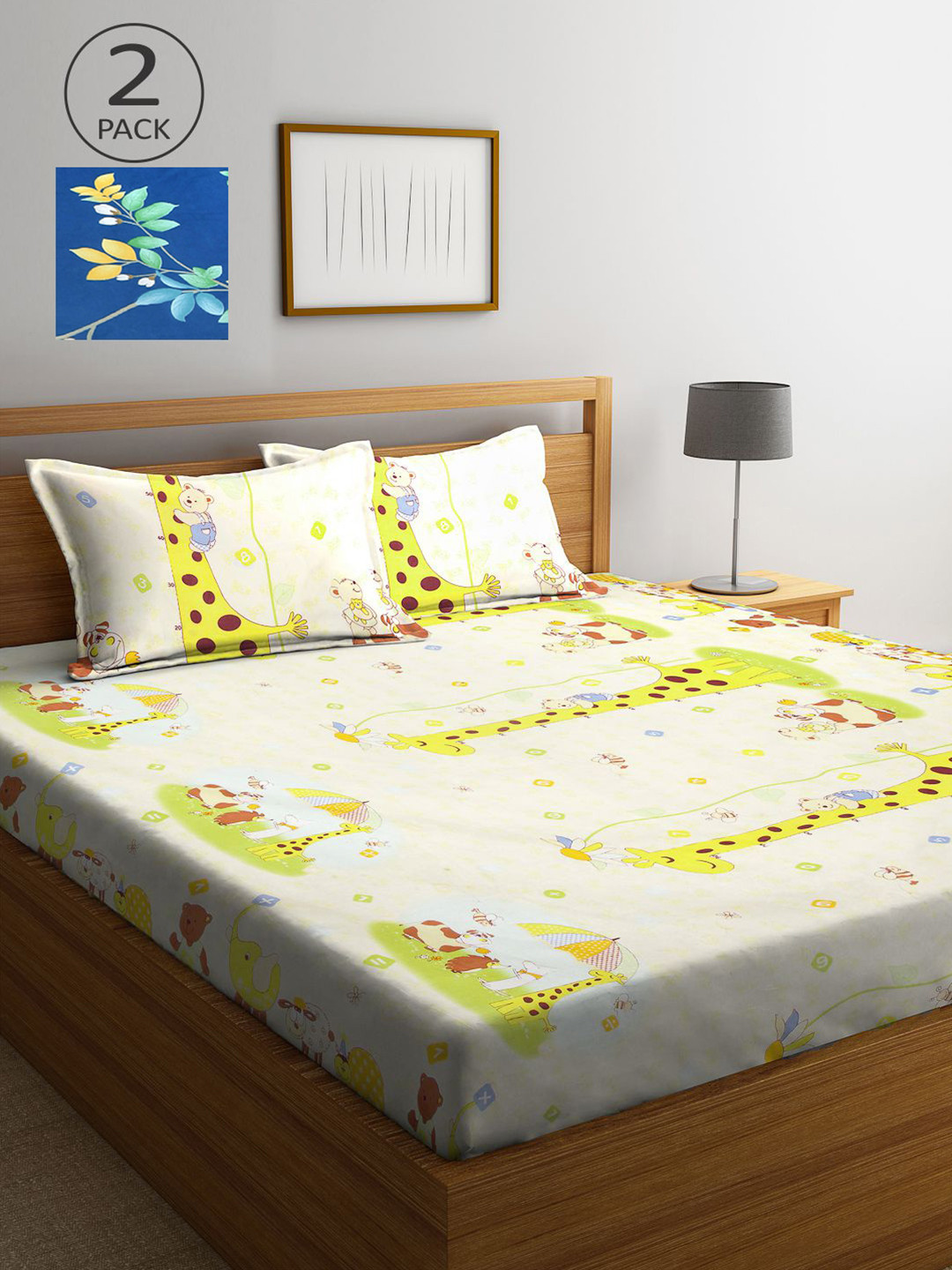 

KLOTTHE Blue & Yellow Floral 210 TC King 2 Bedsheet with 4 Pillow Covers