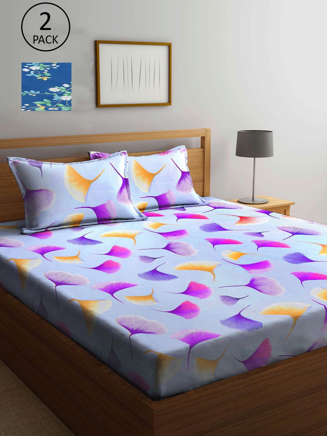 

KLOTTHE Lavender & Navy Blue Floral 210 TC 2 King Bedsheet with 4 Pillow Covers