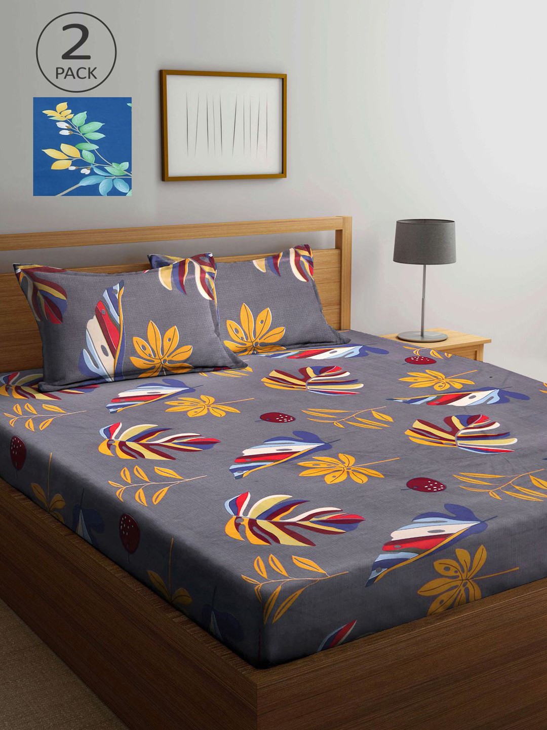 

KLOTTHE Grey & Blue Floral 210 TC 2 King Bedsheet with 4 Pillow Covers