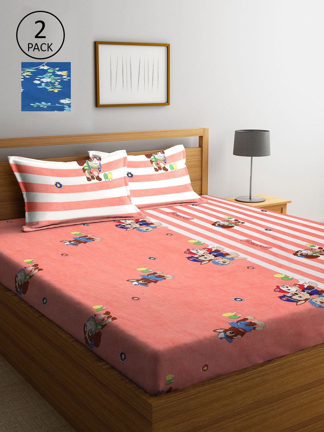 

KLOTTHE Blue & Coral Floral 210 TC 2 King Bedsheet with 4 Pillow Covers