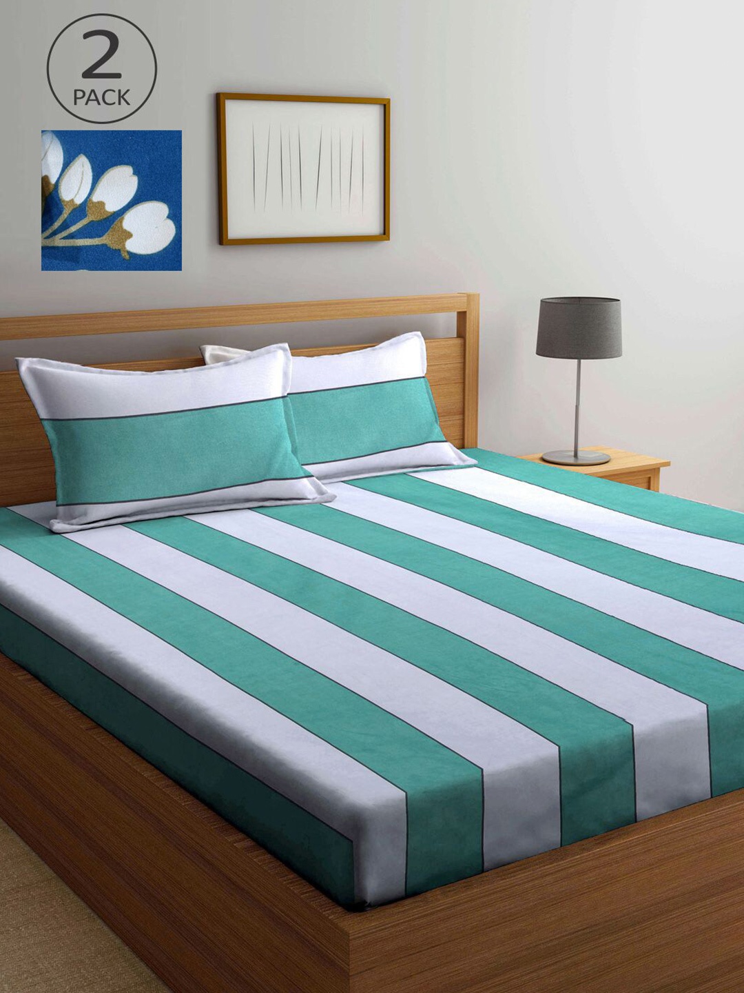 

KLOTTHE Multi Color Striped & Floral 210 TC 2 King Bedsheets with 4 Pillow Covers