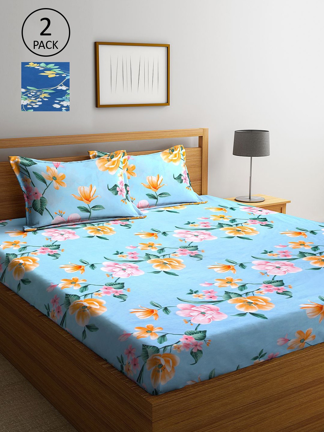 

KLOTTHE Blue & Pink Floral 210 TC 2 King Bedsheet with 4 Pillow Covers