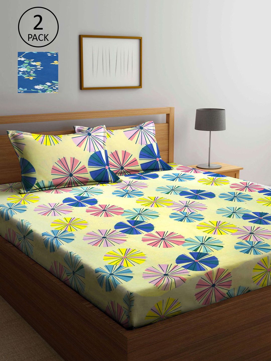 

KLOTTHE Yellow & Blue Floral 210 TC 2 King Bedsheet with 4 Pillow Covers