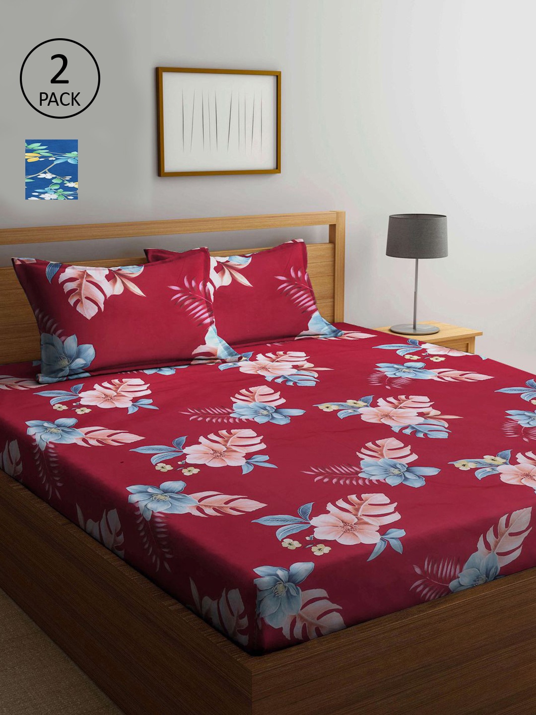 

KLOTTHE Red & Blue Floral 210 TC 2 King Bedsheet with 4 Pillow Covers
