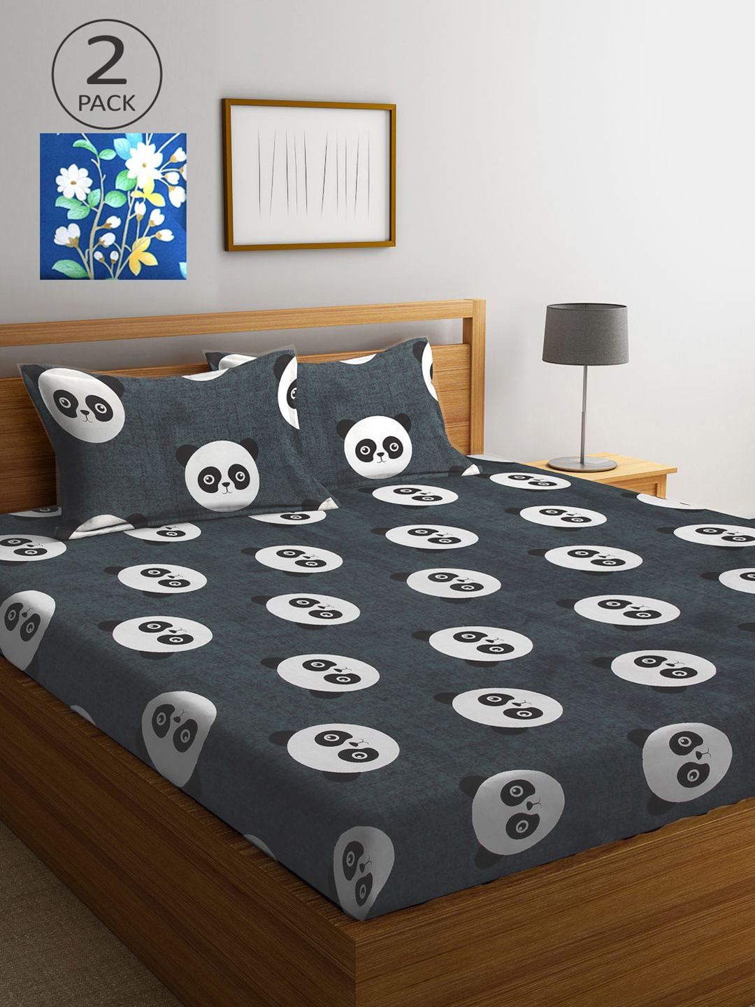 

KLOTTHE Grey & Blue Cartoon Characters 210 TC 2 King Bedsheet with 4 Pillow Covers