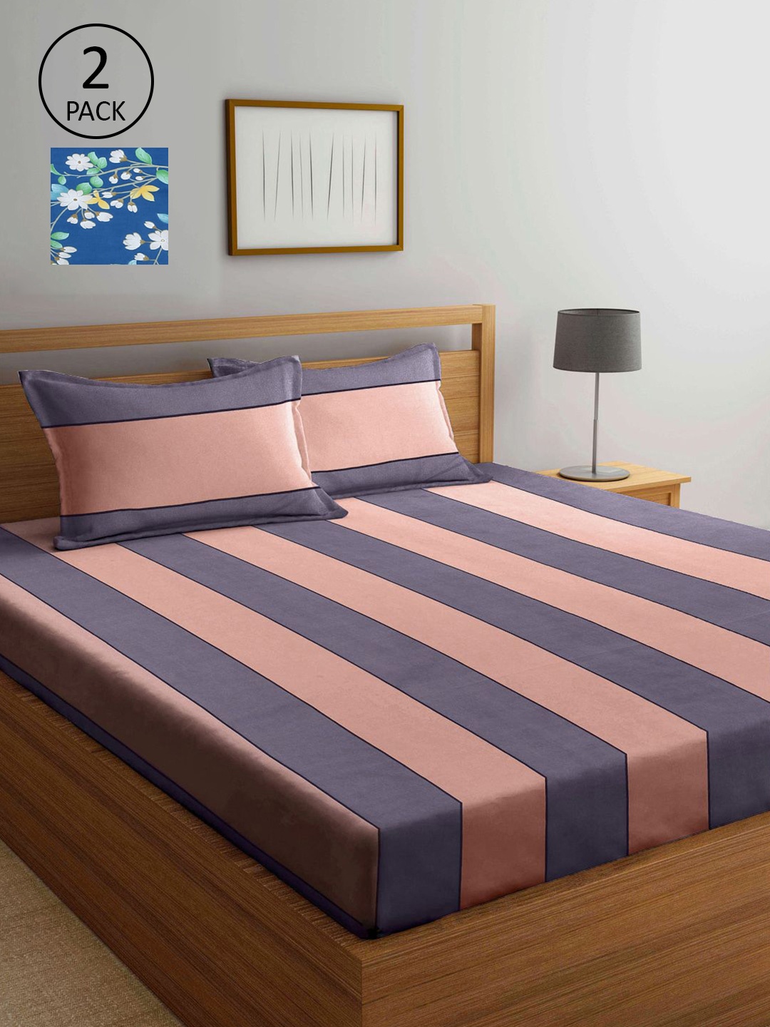 

KLOTTHE Pink & Blue Striped 210 TC 2 King Bedsheet with 4 Pillow Covers