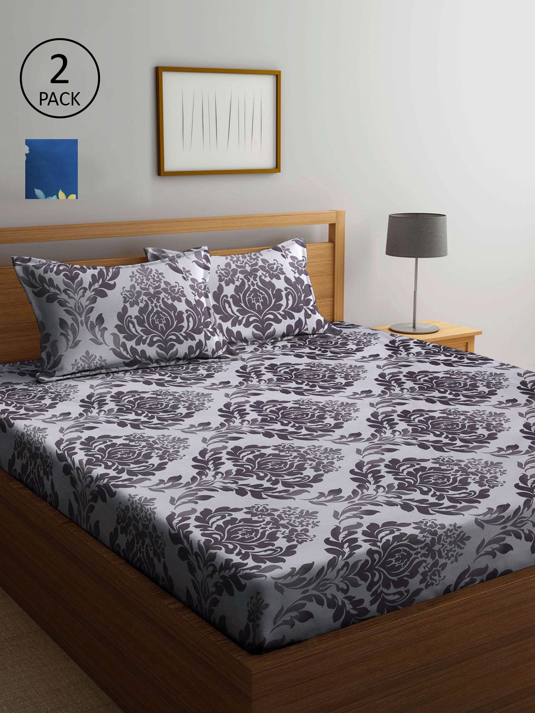 

KLOTTHE Blue & Grey Floral 210 TC 2 King Bedsheet with 4 Pillow Covers