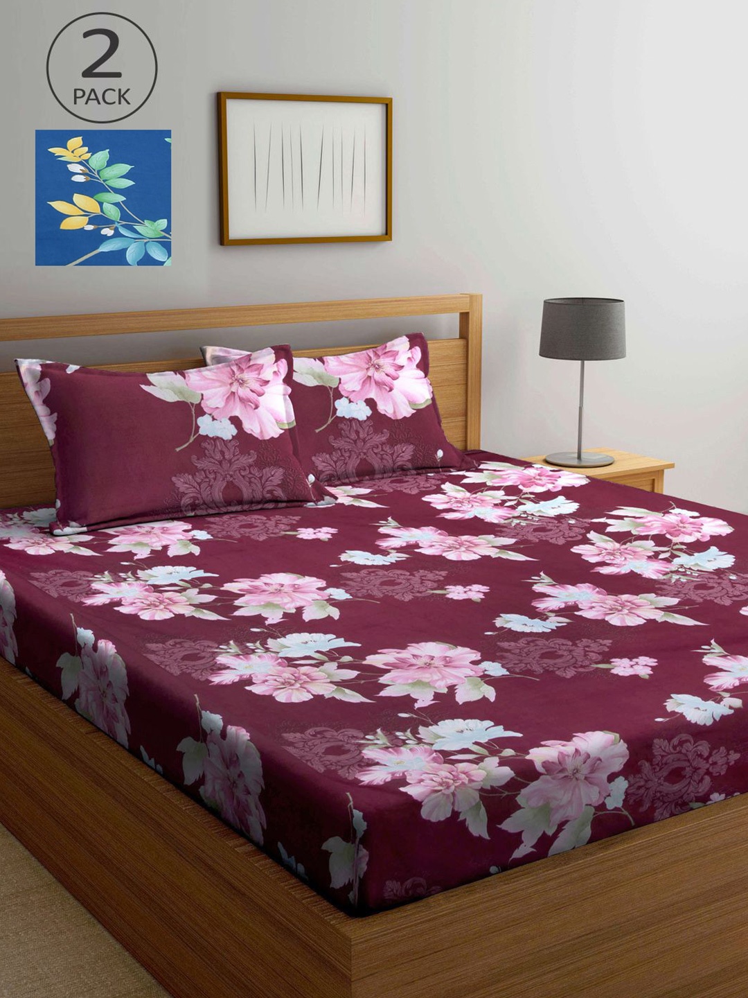 

KLOTTHE Burgundy & Blue Floral 210 TC 2 King Bedsheet with 4 Pillow Covers