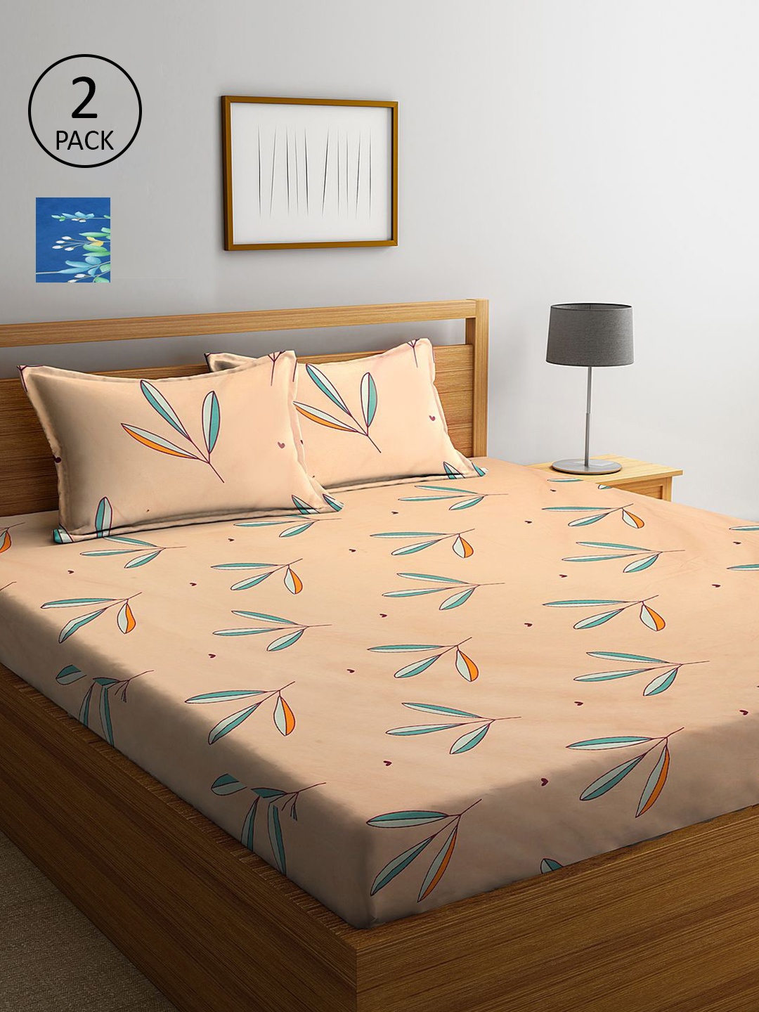 

KLOTTHE Beige & Blue Floral 210 TC 2 King Bedsheet with 4 Pillow Covers