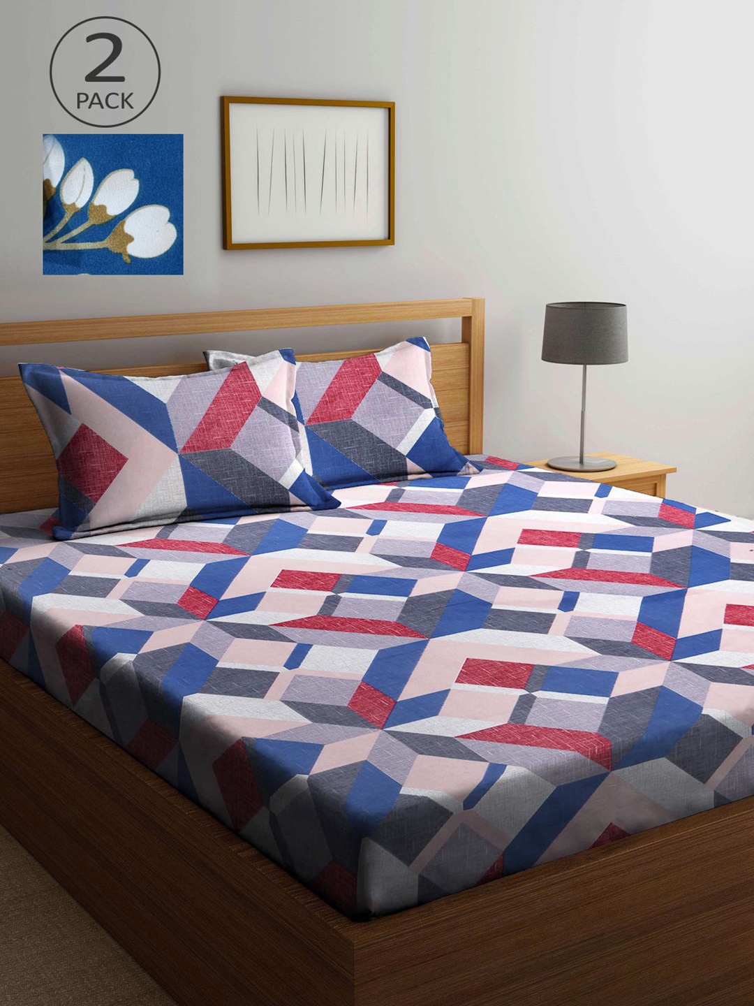 

KLOTTHE Blue & Pink Geometric 210 TC 2 King Bedsheet with 4 Pillow Covers