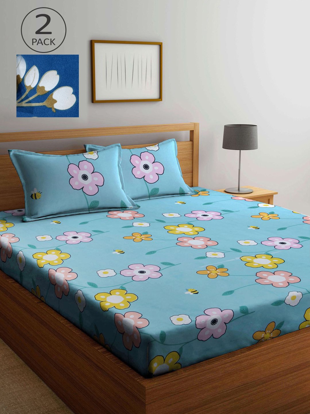 

KLOTTHE Blue Floral 210 TC 2 King Bedsheet with 4 Pillow Covers