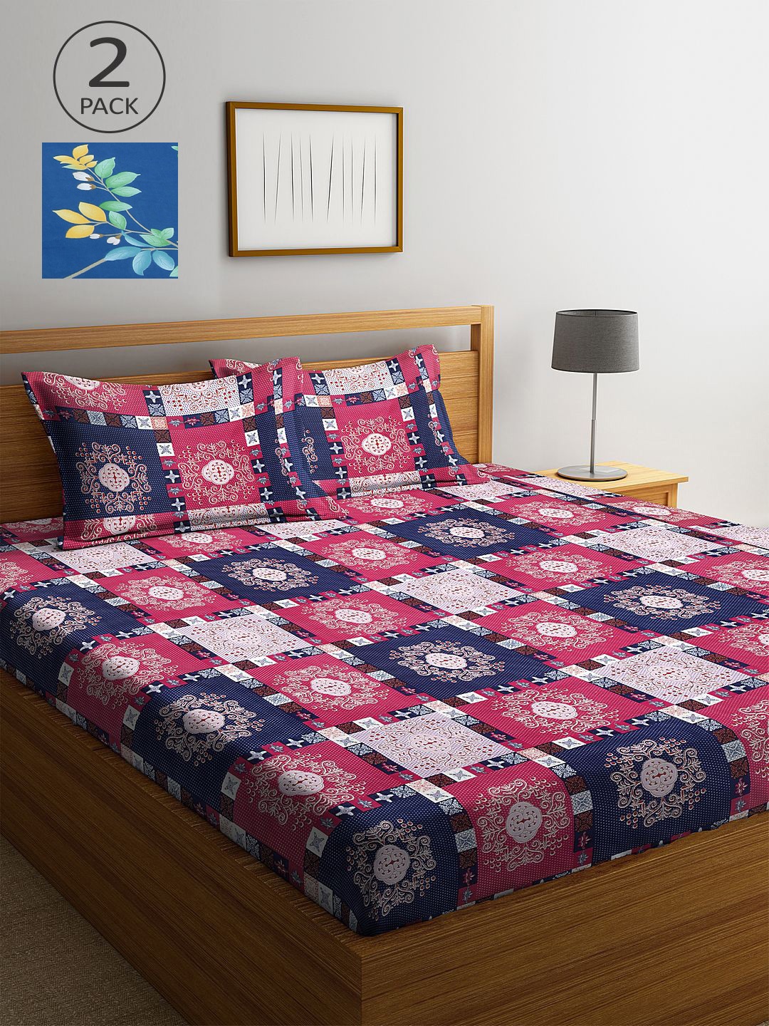 

KLOTTHE Blue & Pink Ethnic Motifs 210 TC 2 King Bedsheet with 4 Pillow Covers