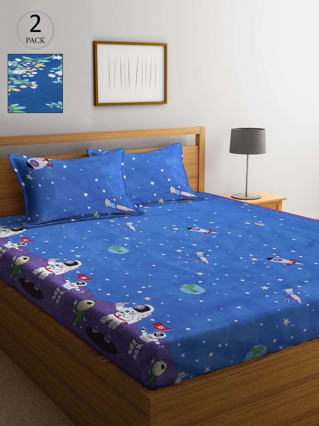 

KLOTTHE Set Of 2 Blue Floral 210 TC King Bedsheet with 4 Pillow Covers