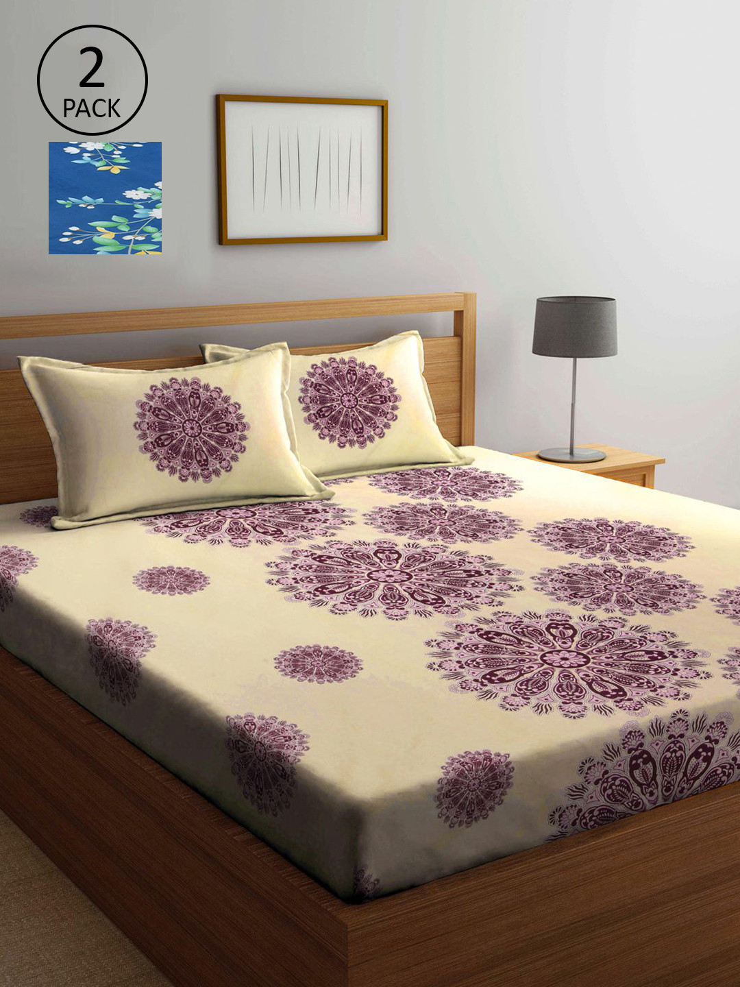 

KLOTTHE Beige & Blue Ethnic Motifs 210 TC 2 King Bedsheet with 4 Pillow Covers