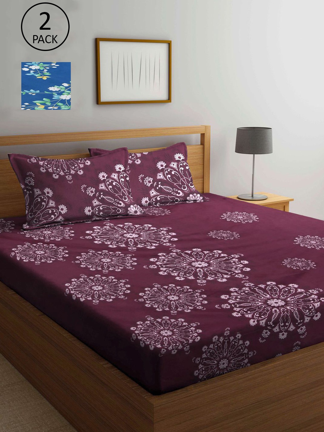 

KLOTTHE Purple & Blue Floral 210 TC 2 King Bedsheet with 4 Pillow Covers