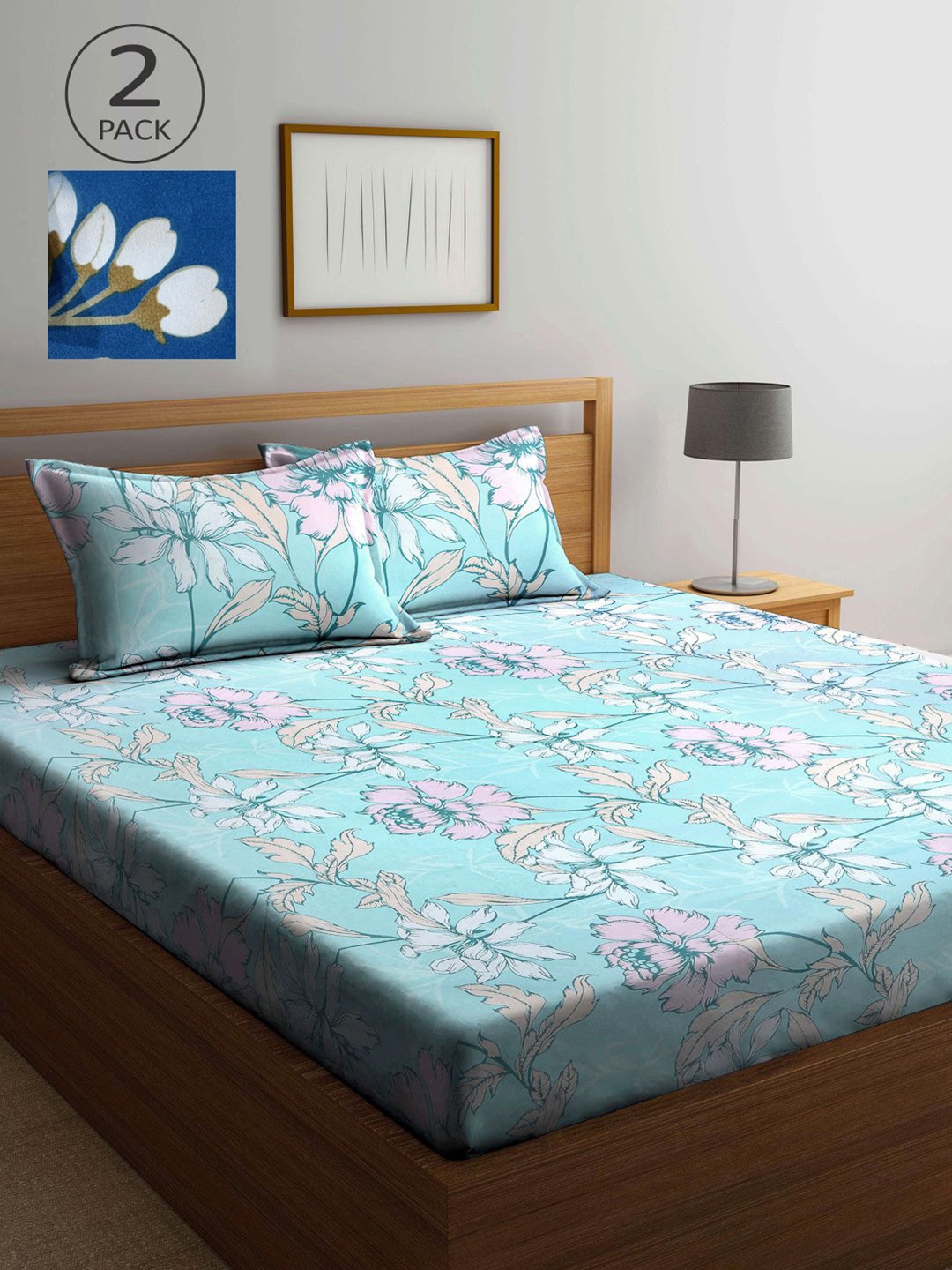 

KLOTTHE Blue & Pink Floral 210 TC 2 King Bedsheet with 4 Pillow Covers