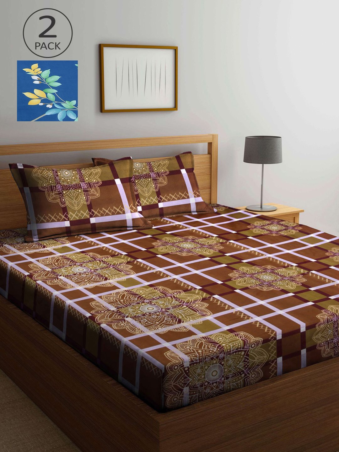 

KLOTTHE Brown & Blue Floral 210 TC 2 King Bedsheet with 4 Pillow Covers