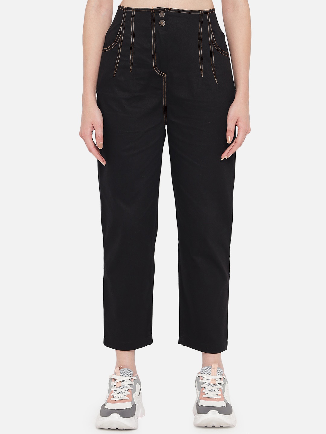 

Orchid Blues Women Black Tapered Fit High-Rise Pure Cotton Trousers