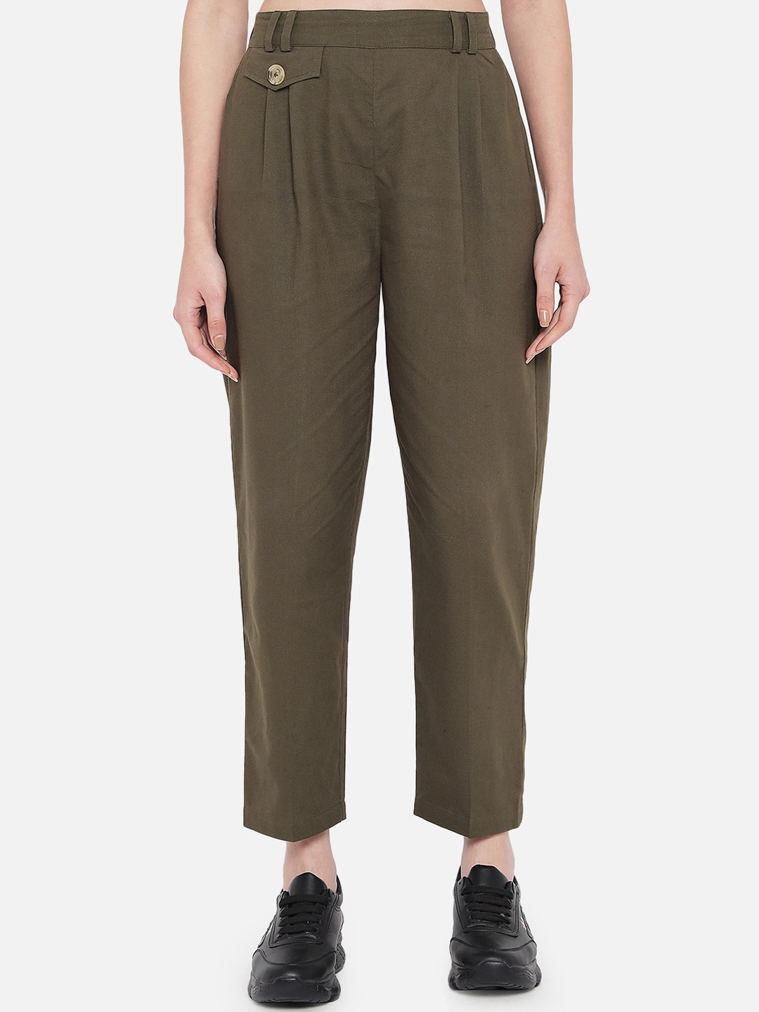 

Orchid Hues Women Olive Green Tapered Fit High-Rise Pleated Trousers