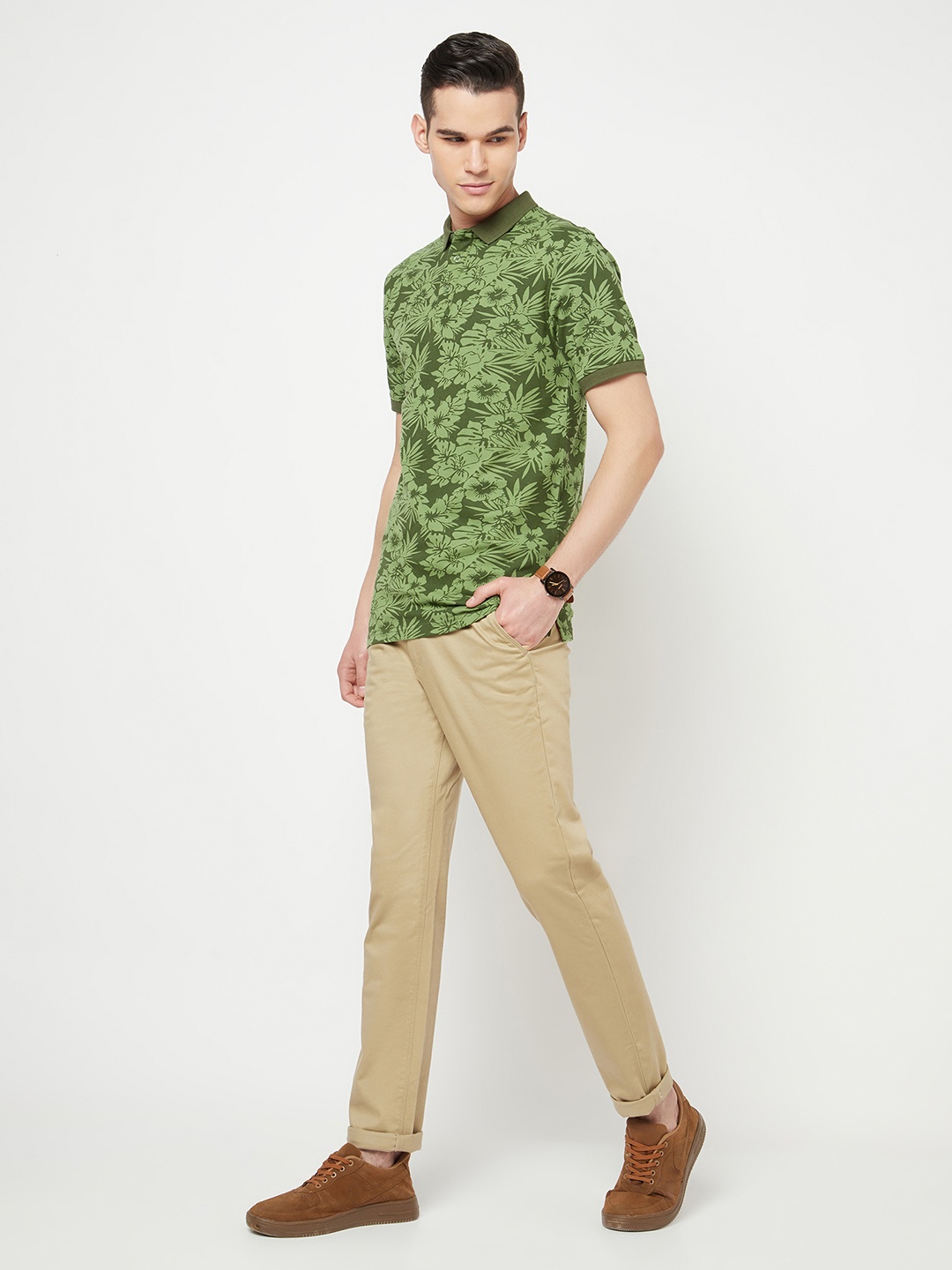 

Crimsoune Club Men Olive Green Printed Polo Collar Slim Fit T-shirt