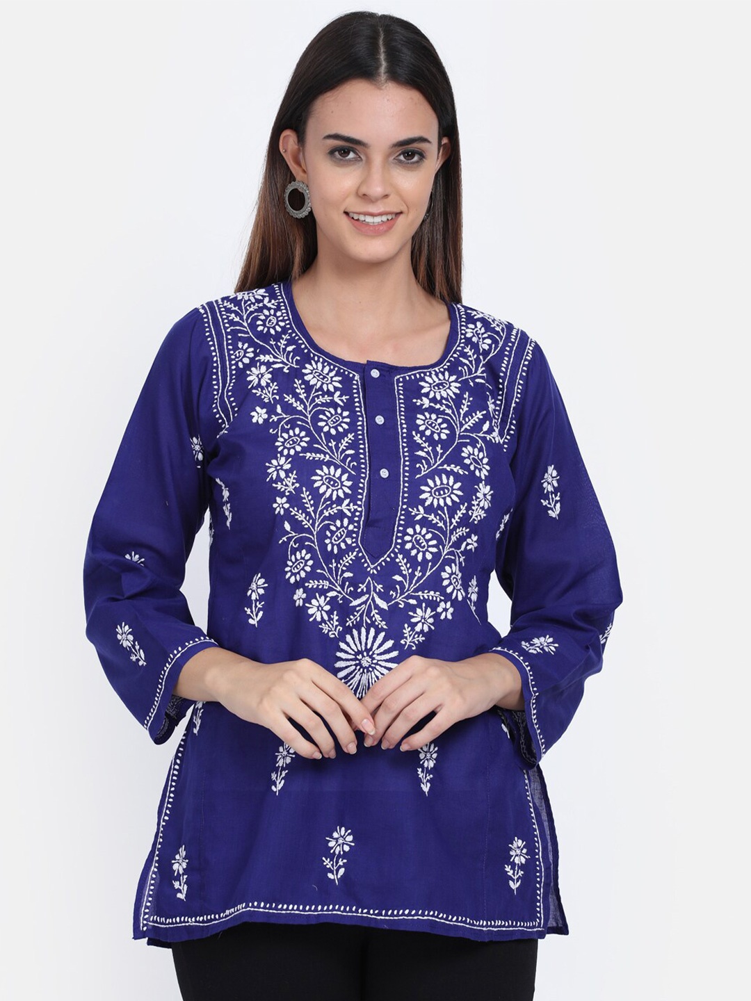 

PARAMOUNT CHIKAN Women Embroidered Lucknowi Chikankari Cotton Kurti, Blue
