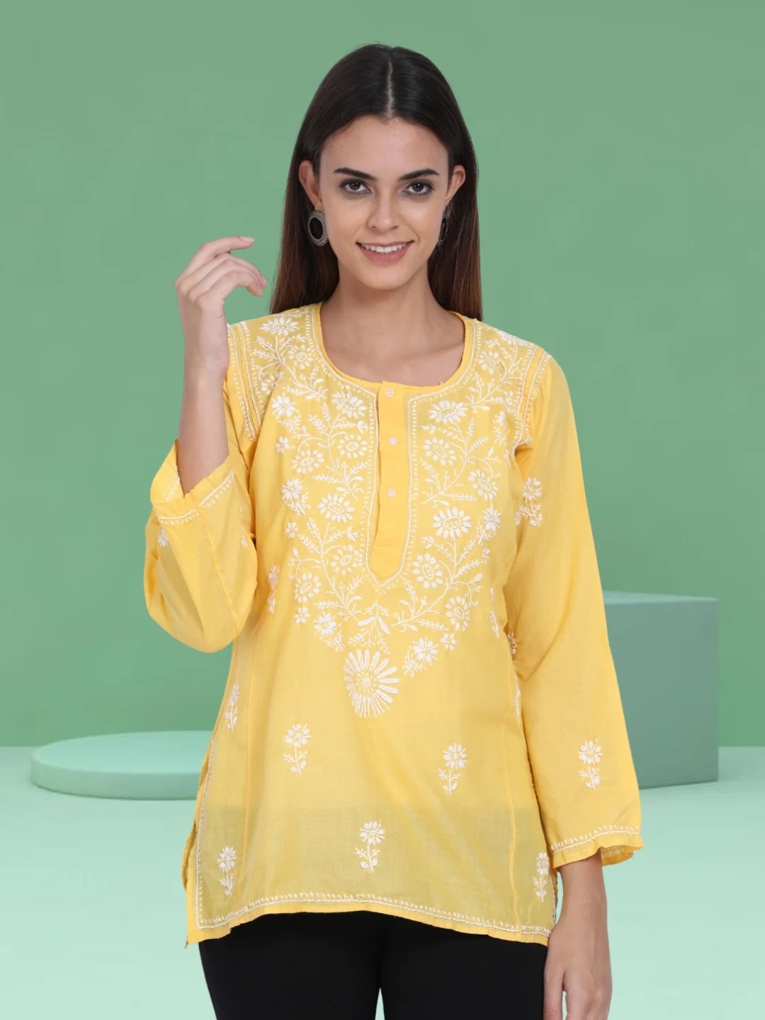 

PARAMOUNT CHIKAN Women Embroidered Lucknowi Chikankari Cotton Kurti, Yellow