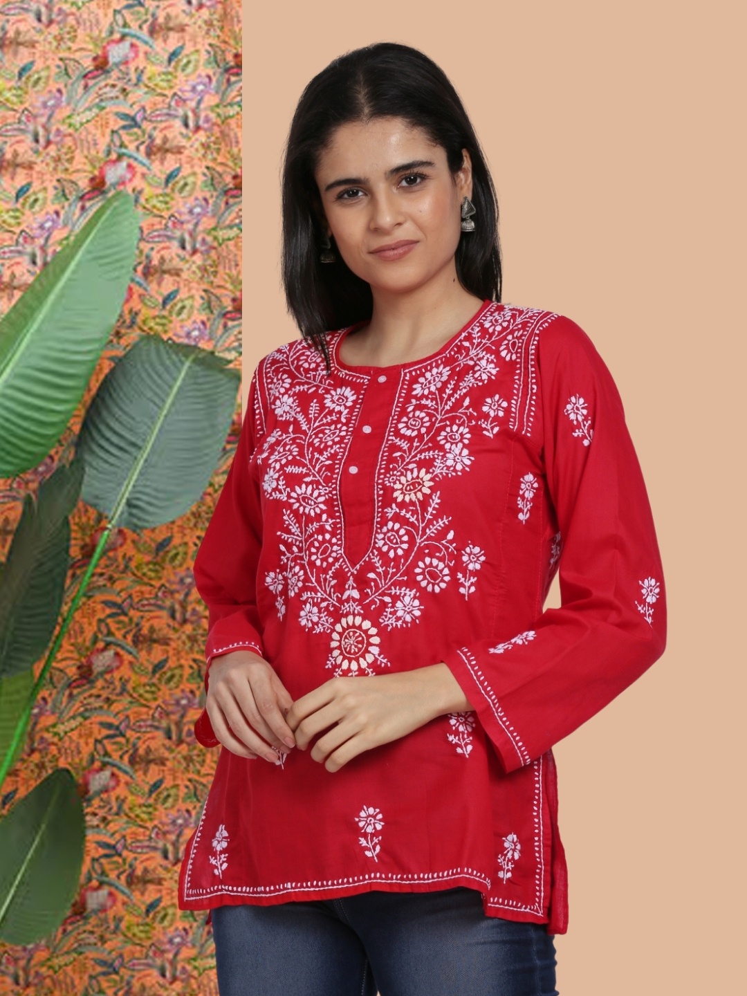 

PARAMOUNT CHIKAN Women Embroidered Lucknowi Chikankari Cotton Kurti, Red