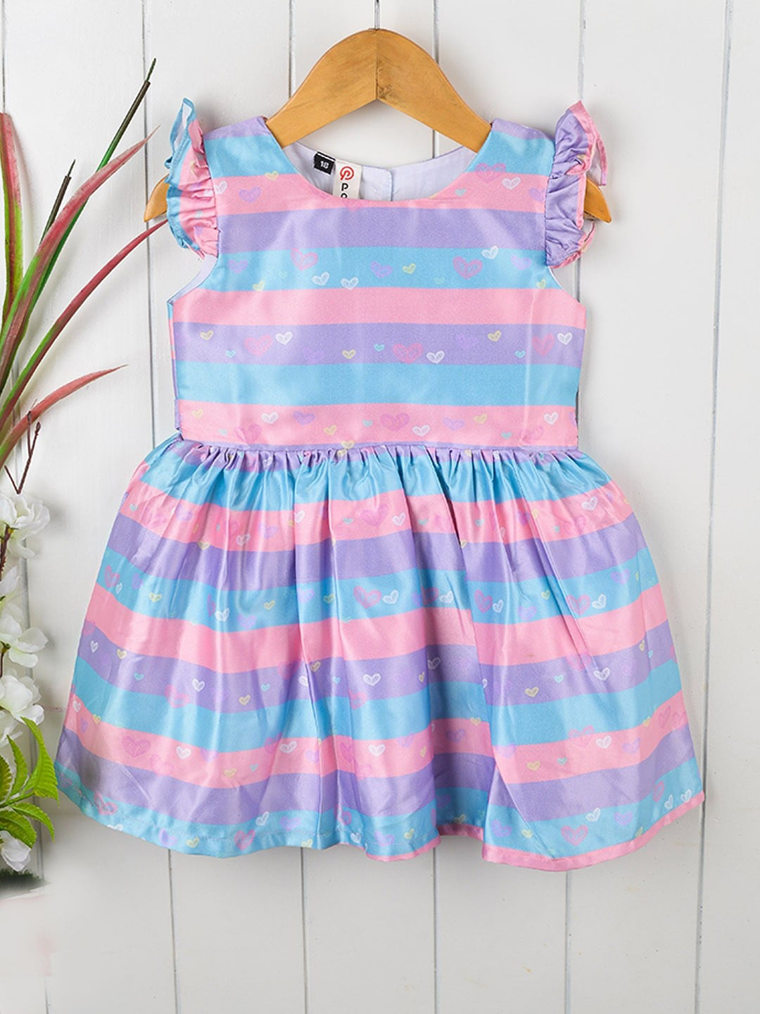 

POPLINS Girls Pink & Blue Striped Poly Silk Fit & Flare Dress