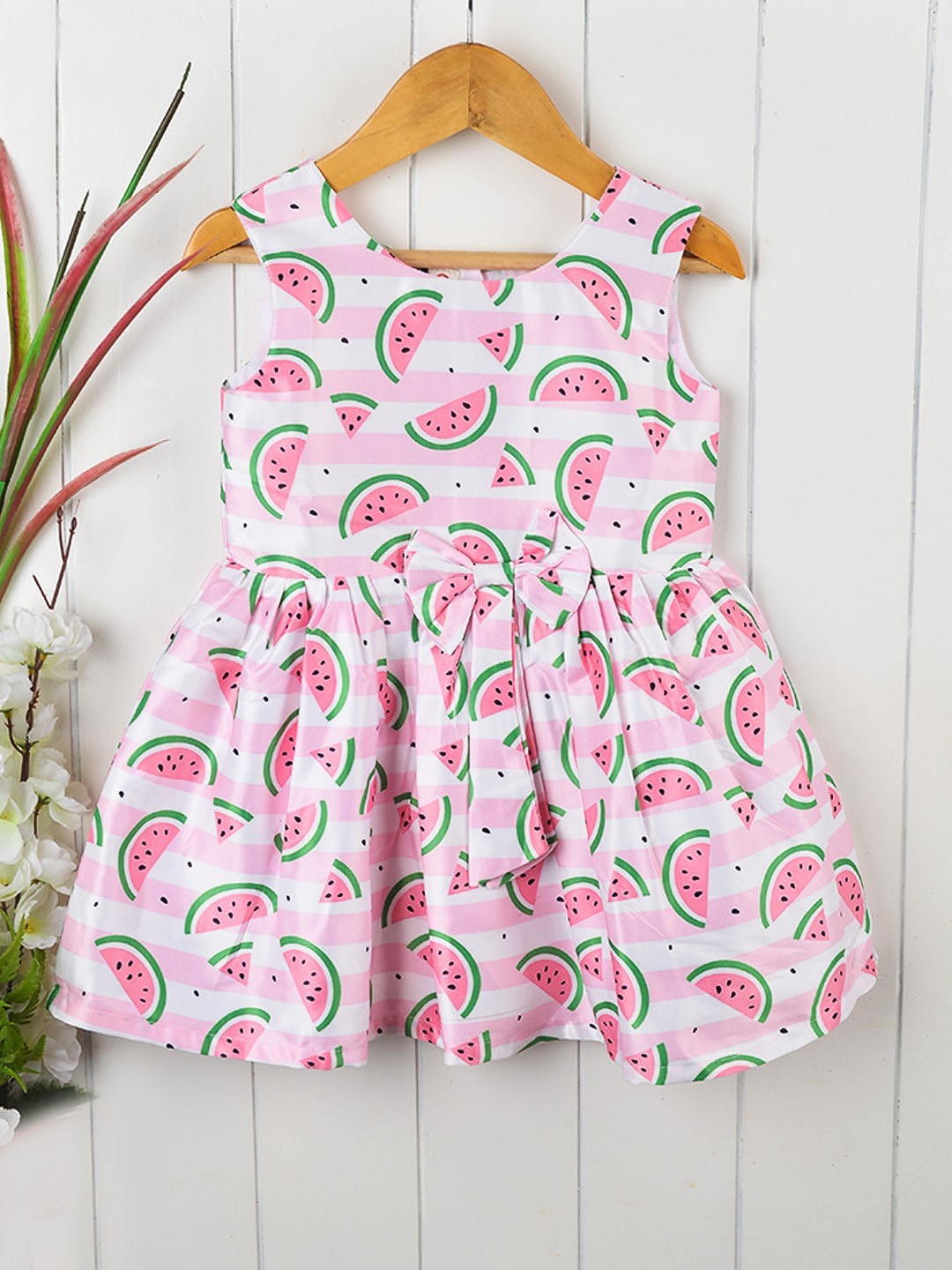 

POPLINS Girls Pink & White Printed Fit & Flare Poly Silk Dress