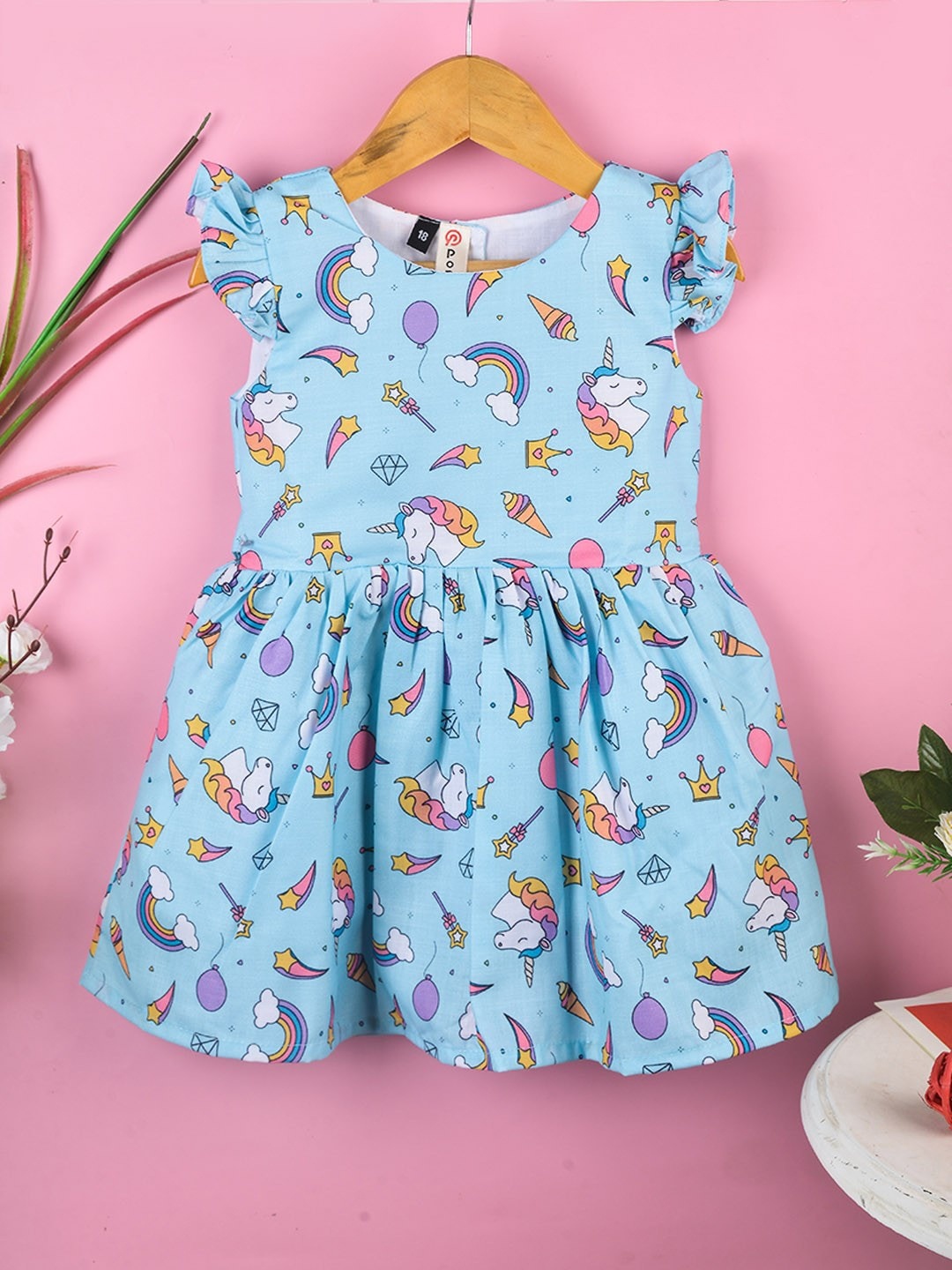 

POPLINS Girls Blue Printed Cotton Fit & Flare Dress