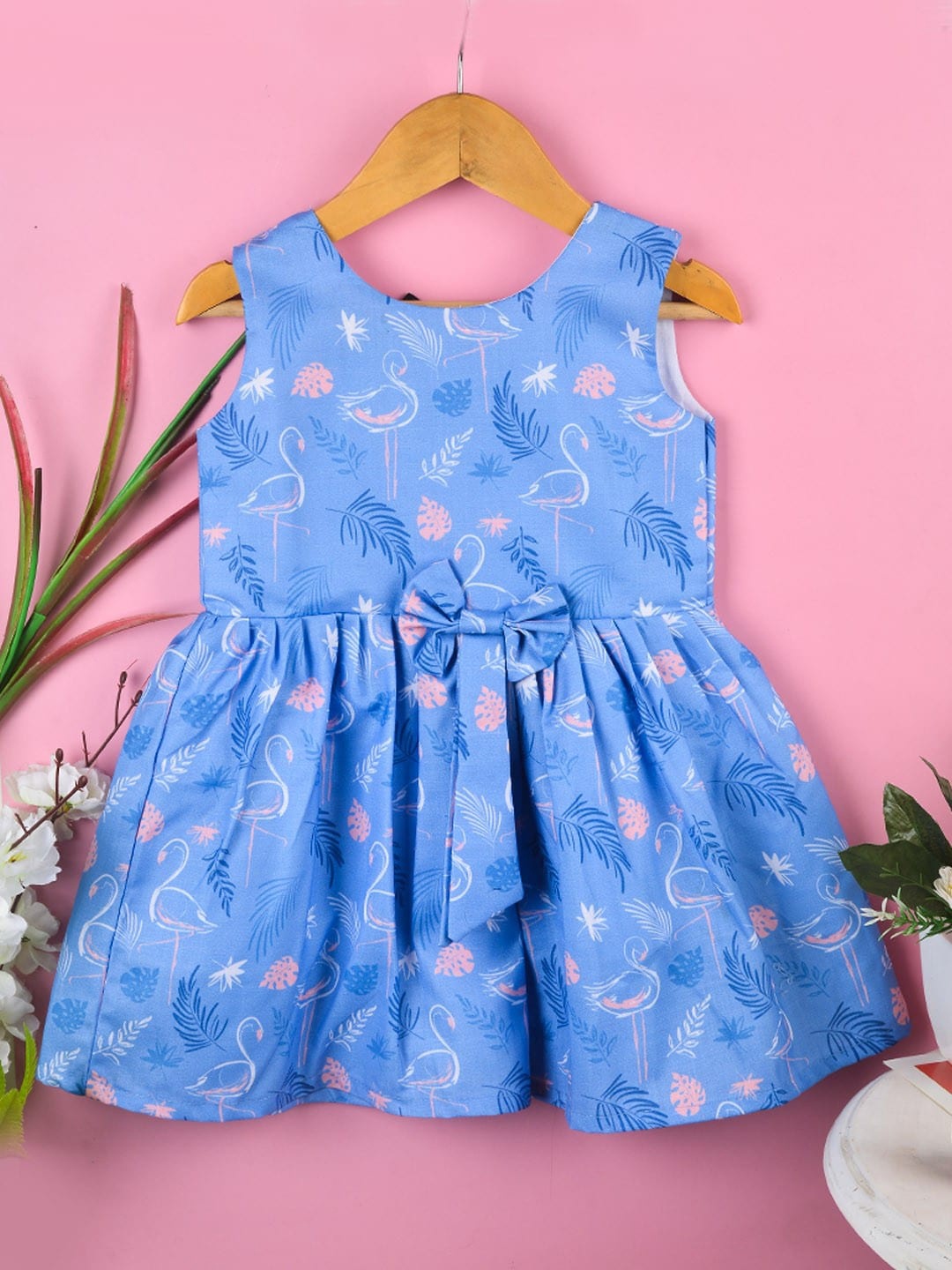 

POPLINS Girls Blue Tropical Printed Cotton Fit & Flare Dress