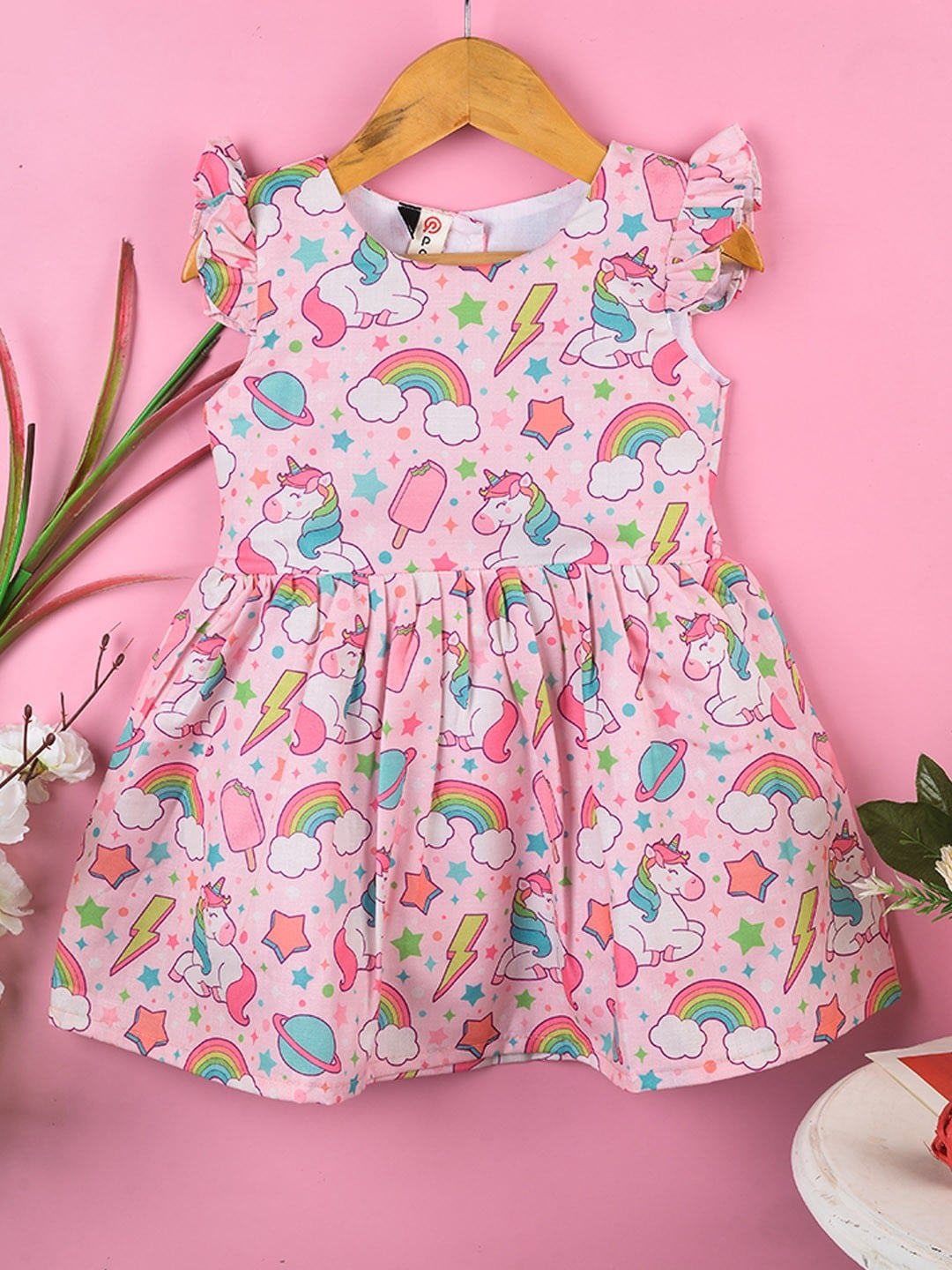 

POPLINS Girls Pink Printed Cotton Fit & Flare Dress