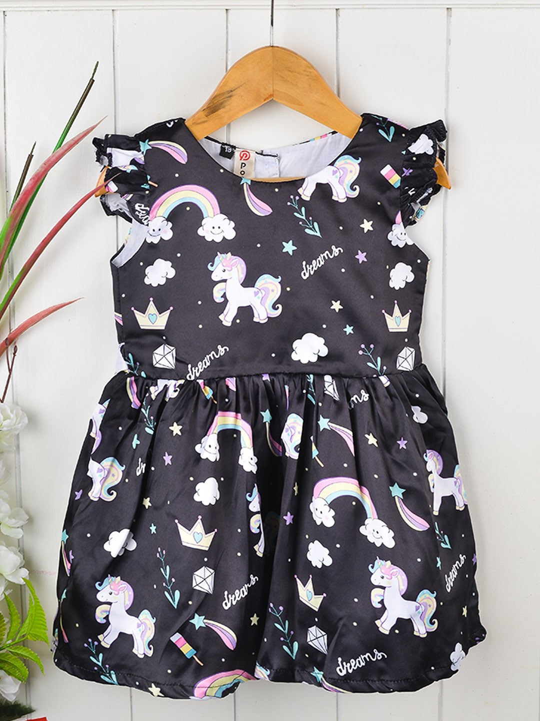 

POPLINS Girls Black Unicorn Printed Fit & Flare Dress