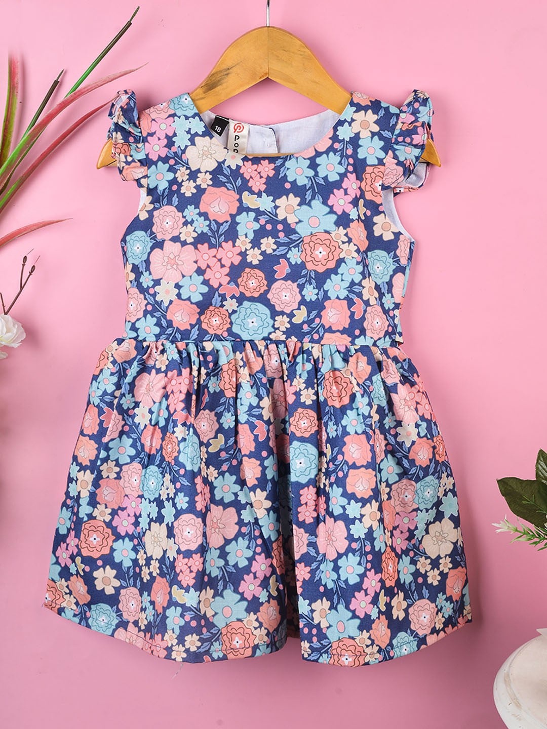 

POPLINS Girls Blue Floral Fit & Flared Striped Cotton Dress