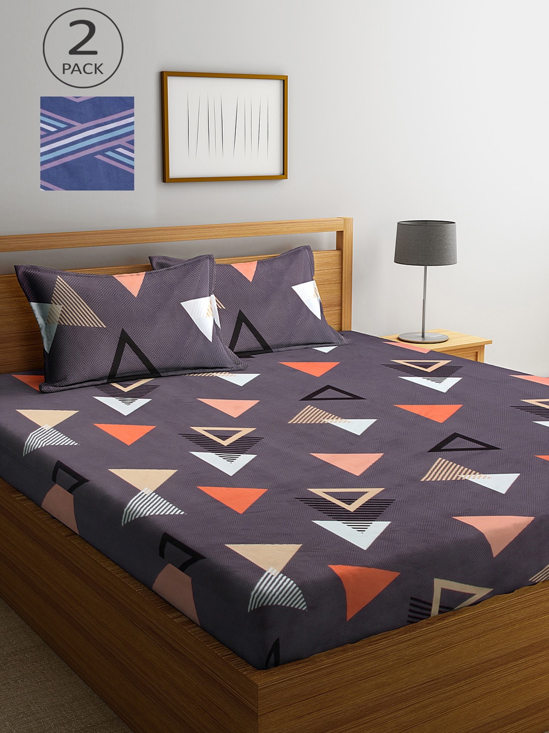

KLOTTHE Blue & Brown Geometric 210 TC 2 King Bedsheet with 4 Pillow Covers