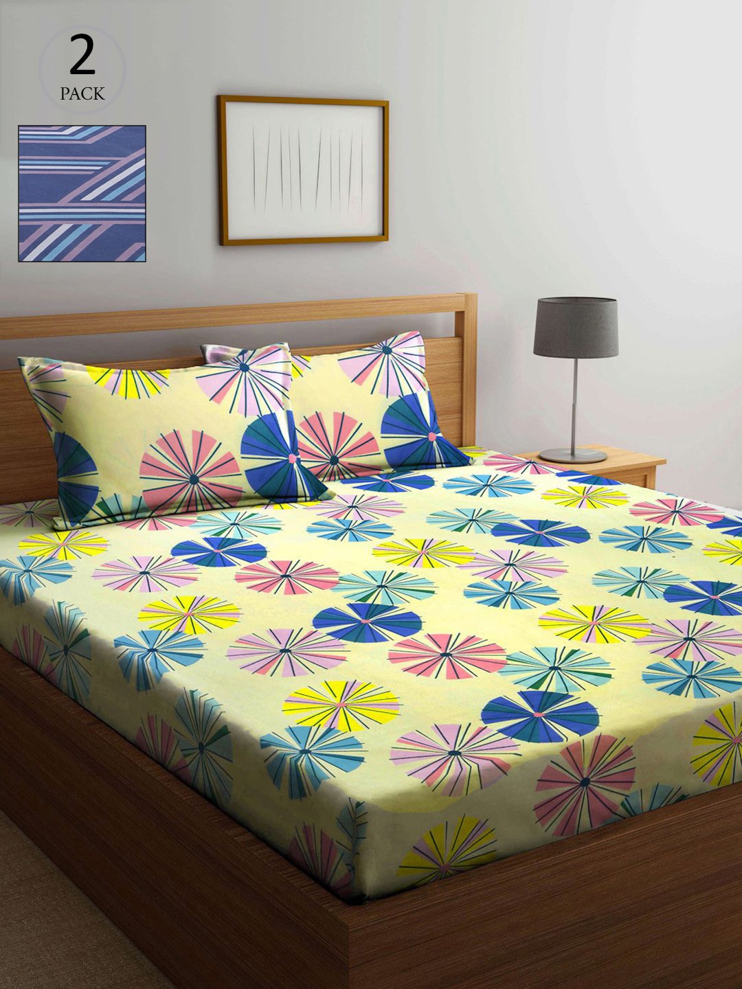 

KLOTTHE Yellow & Blue Floral 210 TC 2 King Bedsheet with 4 Pillow Covers
