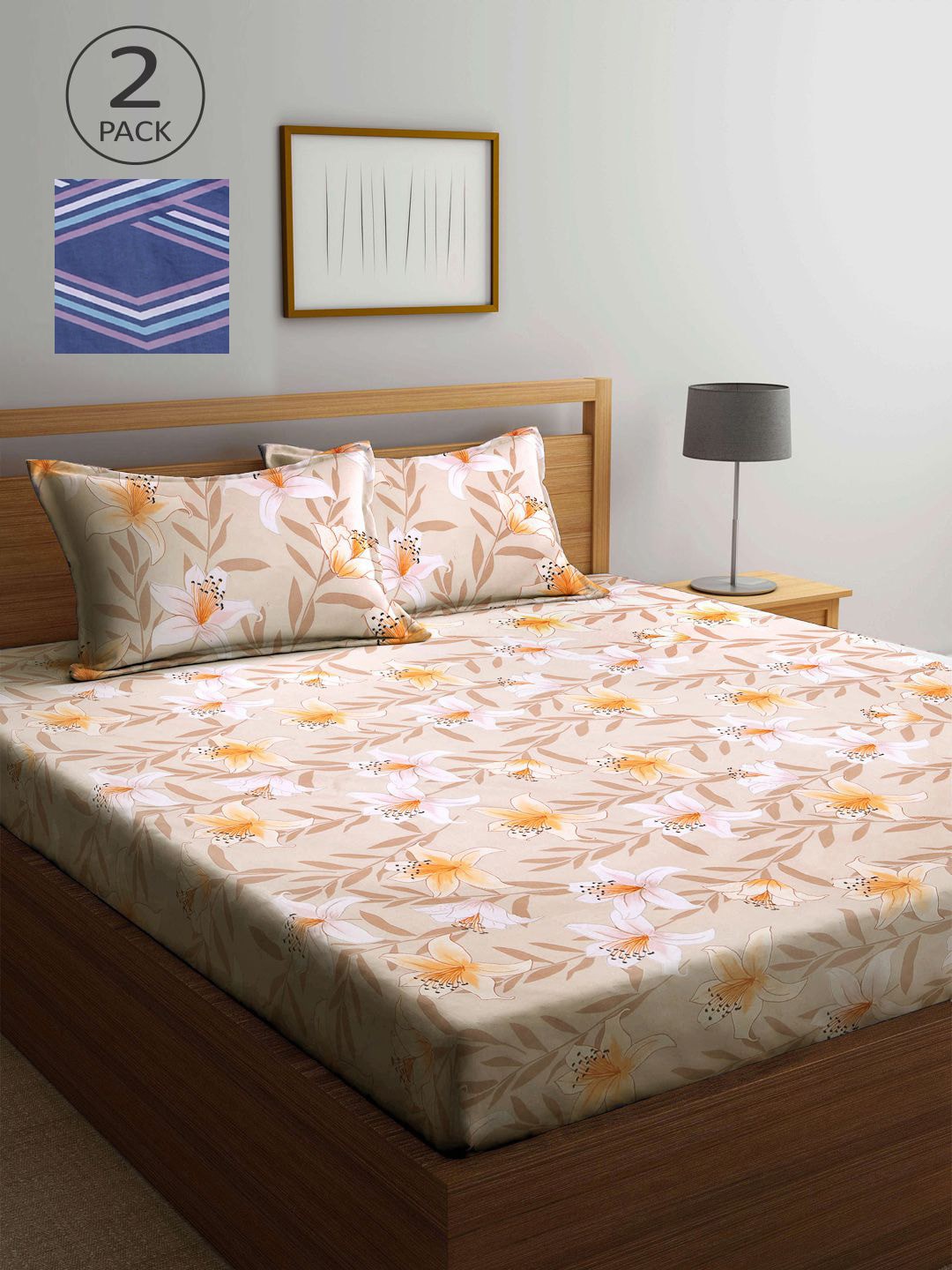 

KLOTTHE Beige & Blue Floral 210 TC 2 King Bedsheet with 4 Pillow Covers