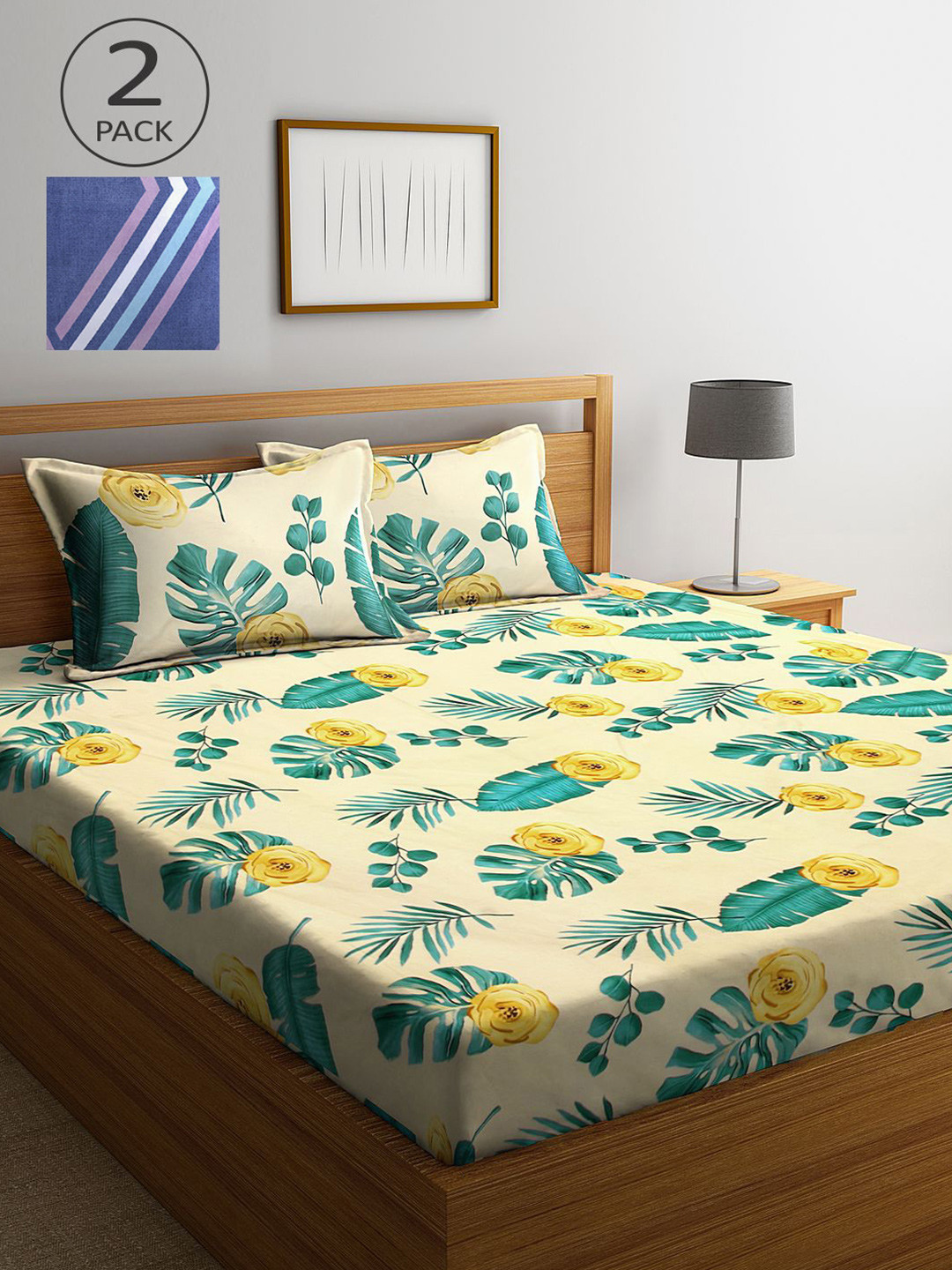 

KLOTTHE Yellow & Blue Floral 210 TC 2 King Bedsheet with 4 Pillow Covers