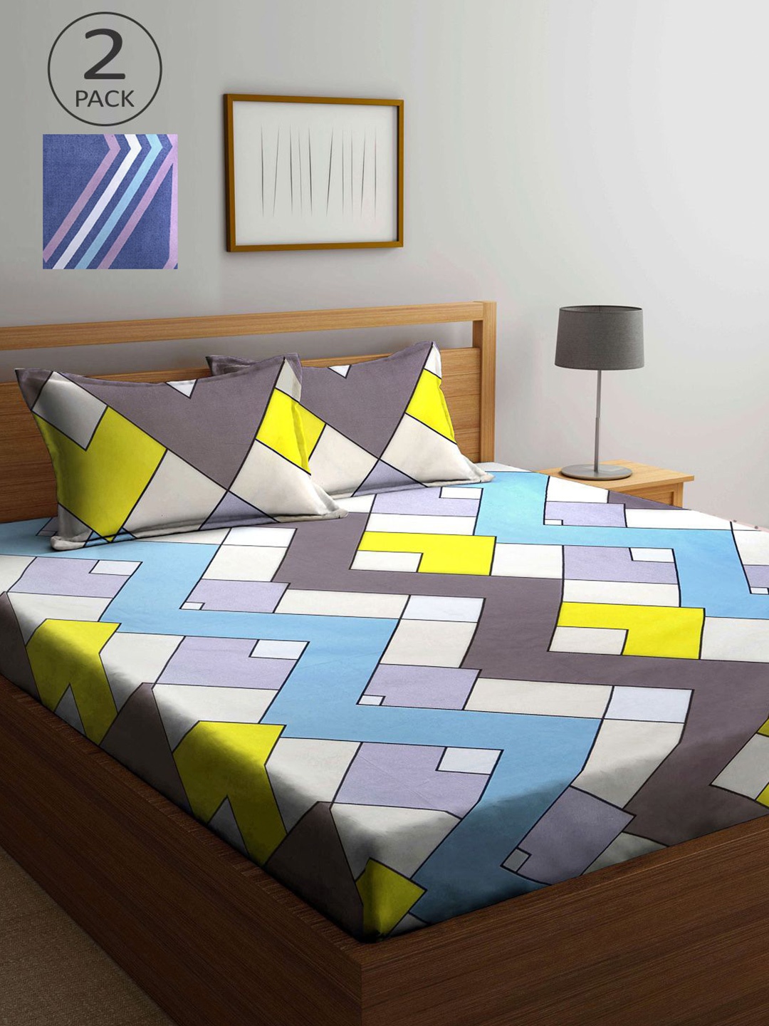 

KLOTTHE Blue & Yellow Geometric 210 TC 2 King Bedsheet with 4 Pillow Covers