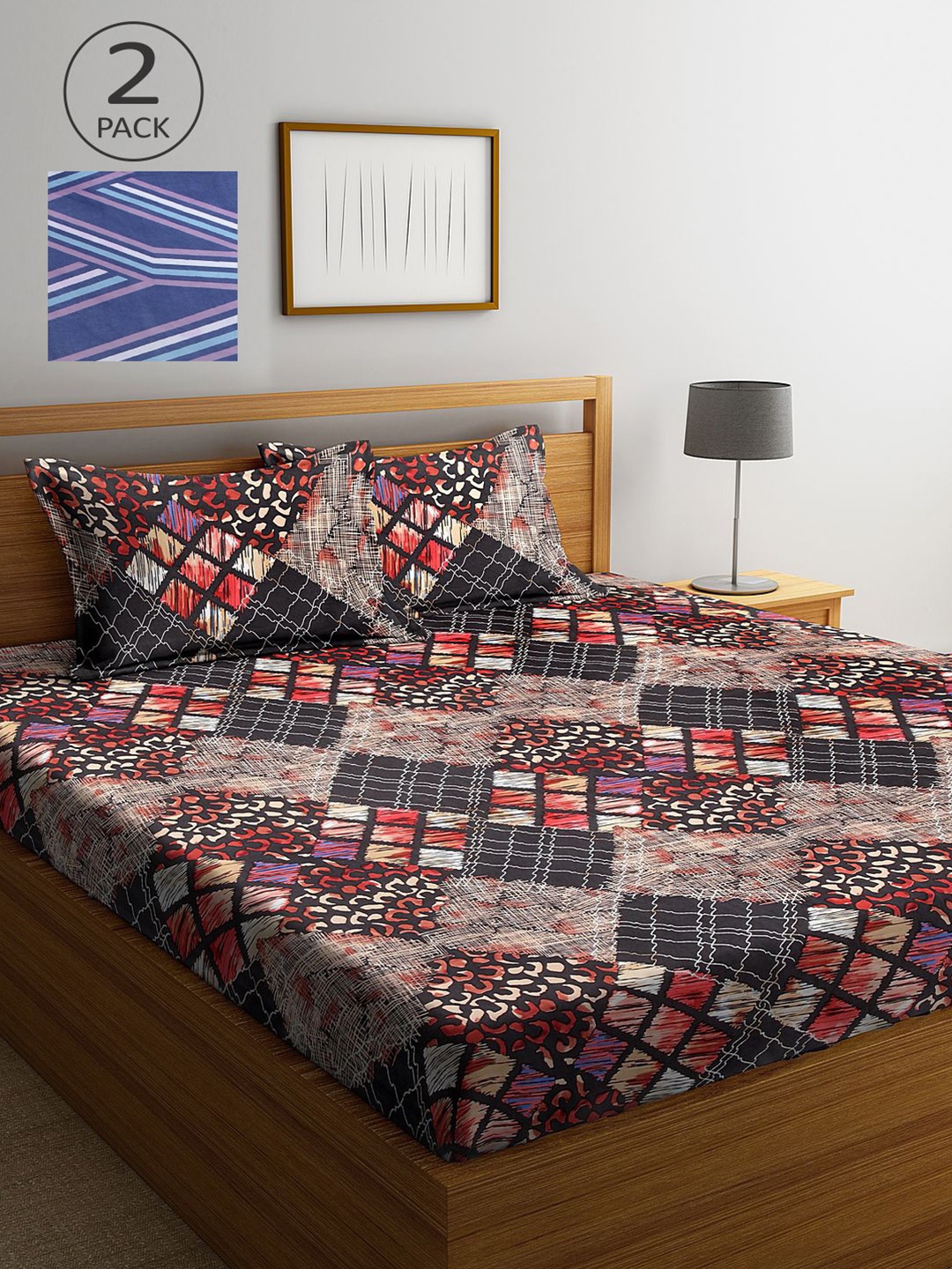 

KLOTTHE Brown & Blue Geometric 210 TC 2 King Bedsheet with 4 Pillow Covers