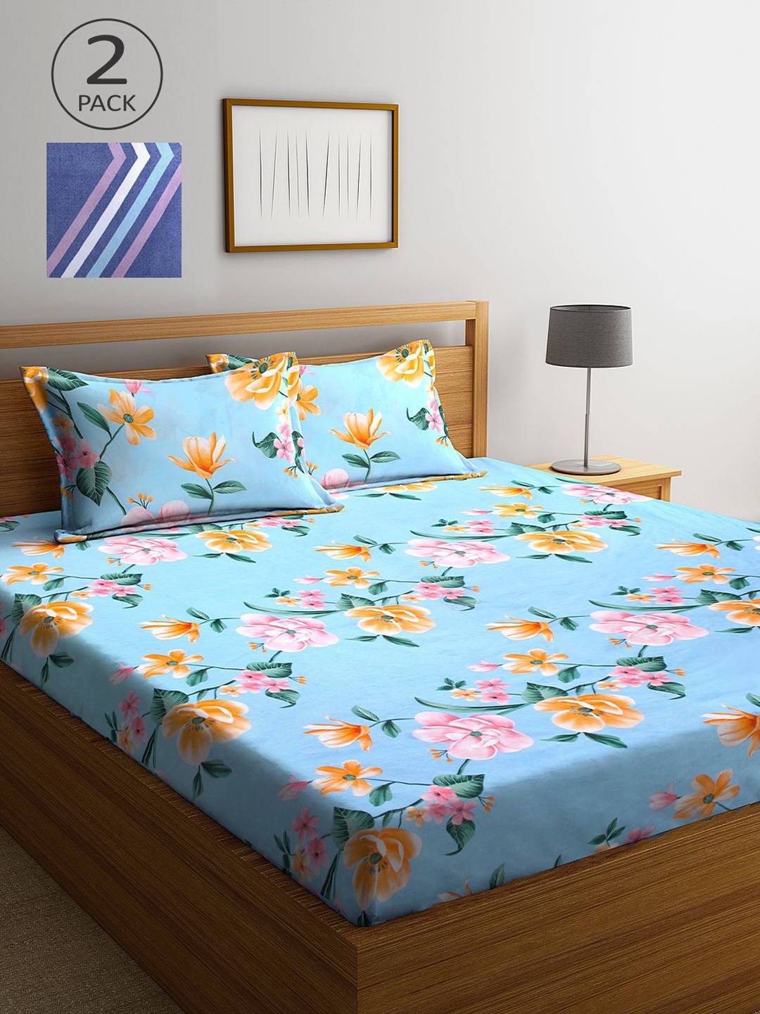 

KLOTTHE Blue & Yellow Floral 210 TC 2 King Bedsheet with 4 Pillow Covers