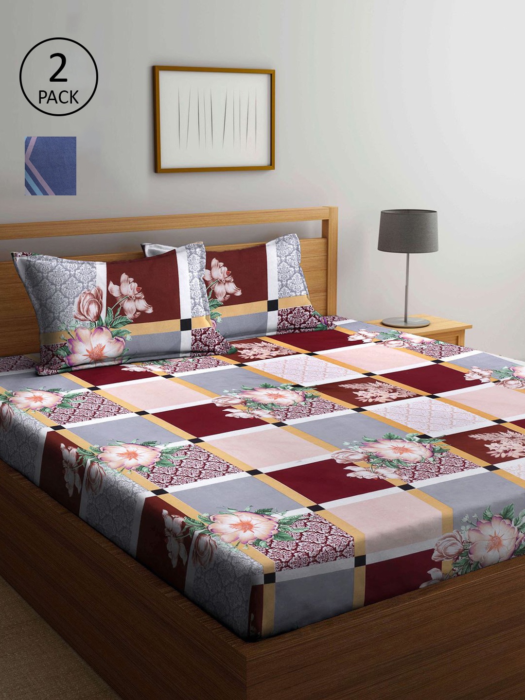 

KLOTTHE Brown & Blue Geometric 210 TC 2 King Bedsheet with 4 Pillow Covers
