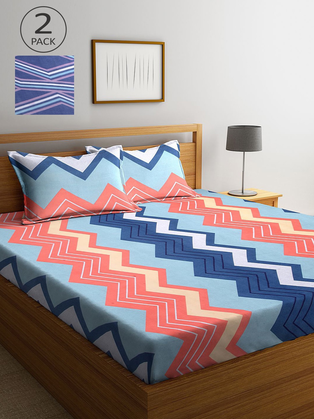 

KLOTTHE Blue & Orange Geometric 210 TC 2 King Bedsheet with 4 Pillow Covers