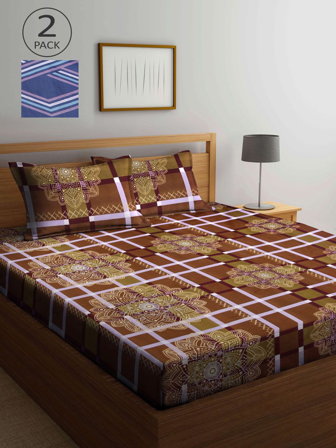 

KLOTTHE Brown & Blue Floral 210 TC 2 King Bedsheet with 4 Pillow Covers