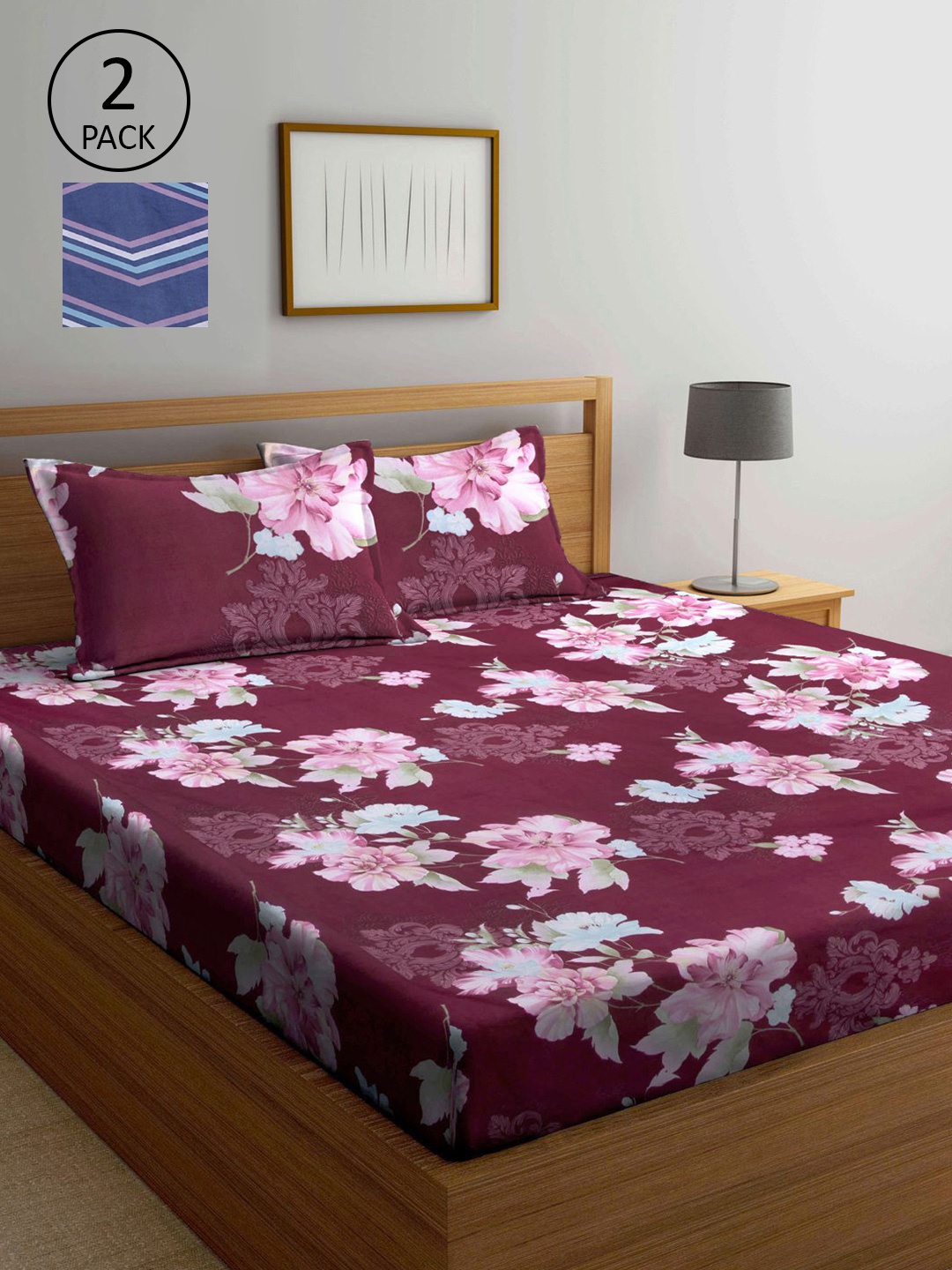 

KLOTTHE Brown & Blue Floral 210 TC 2 King Bedsheet with 4 Pillow Covers