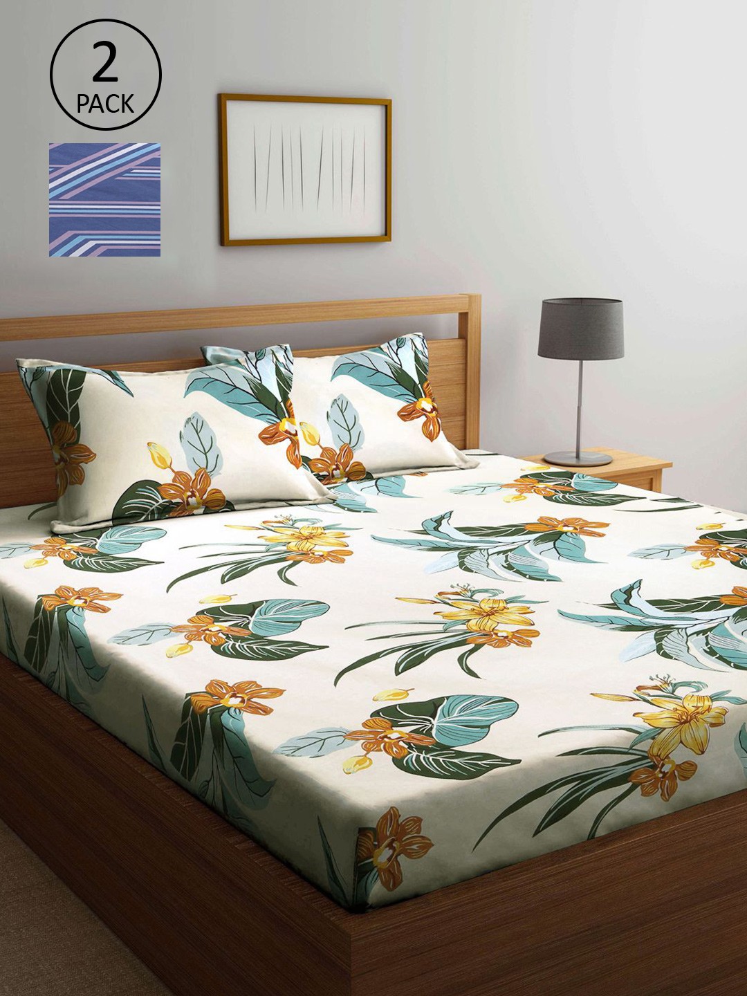 

KLOTTHE White & Blue Floral 210 TC 2 King Bedsheet with 4 Pillow Covers