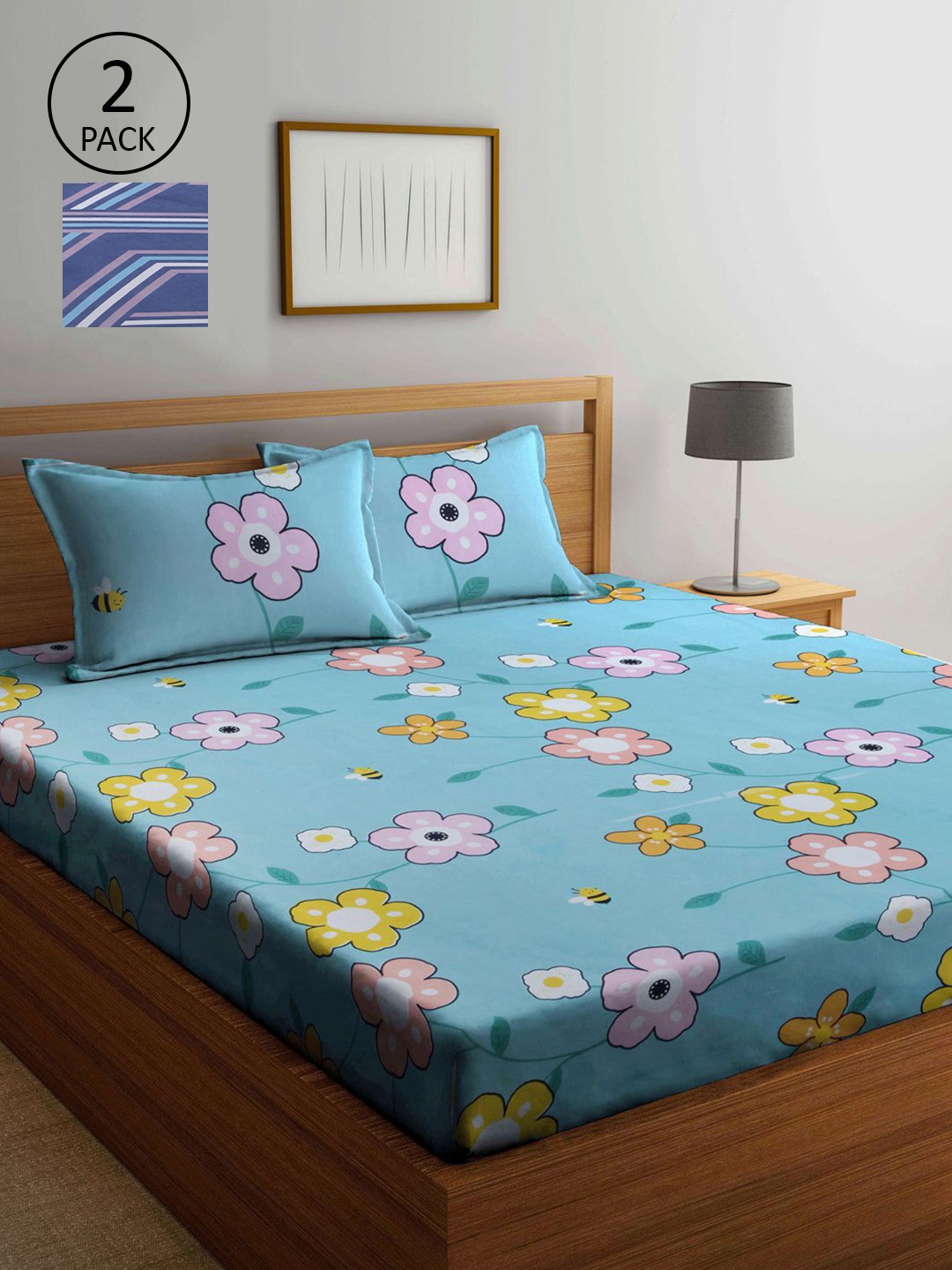 

KLOTTHE Blue & Pink Floral 210 TC 2 King Bedsheet with 4 Pillow Covers